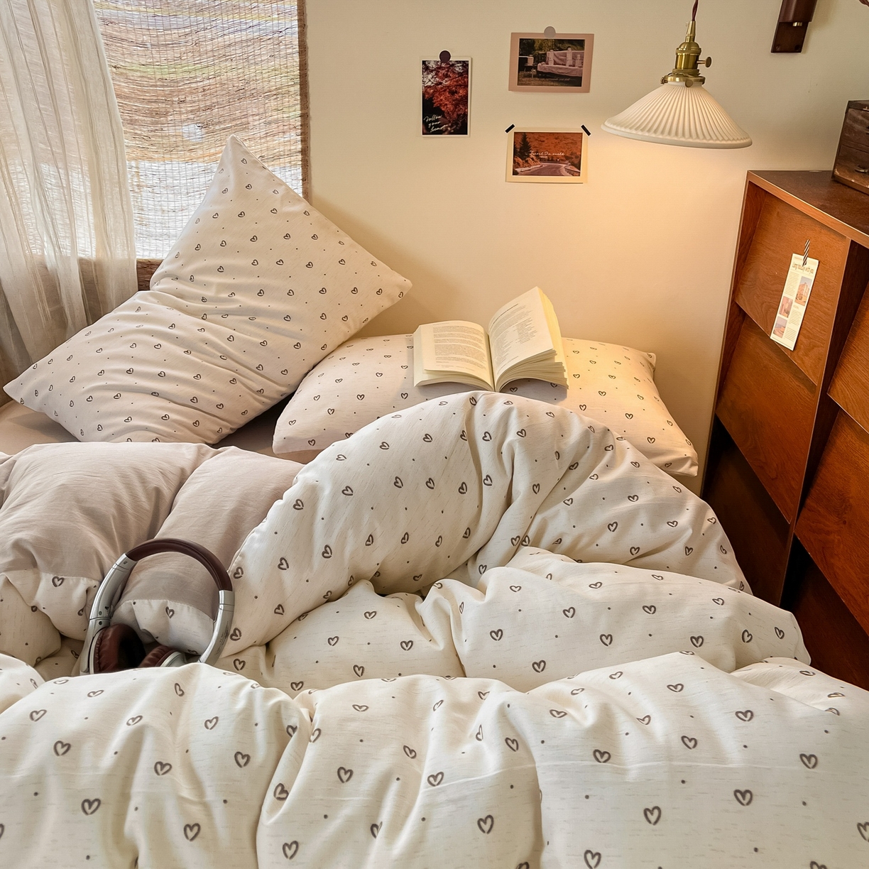 91家纺网 家纺一手货源 找家纺 金梦拉家纺 2026新款色织棉麻棉纱小露麻四件套 心心点点