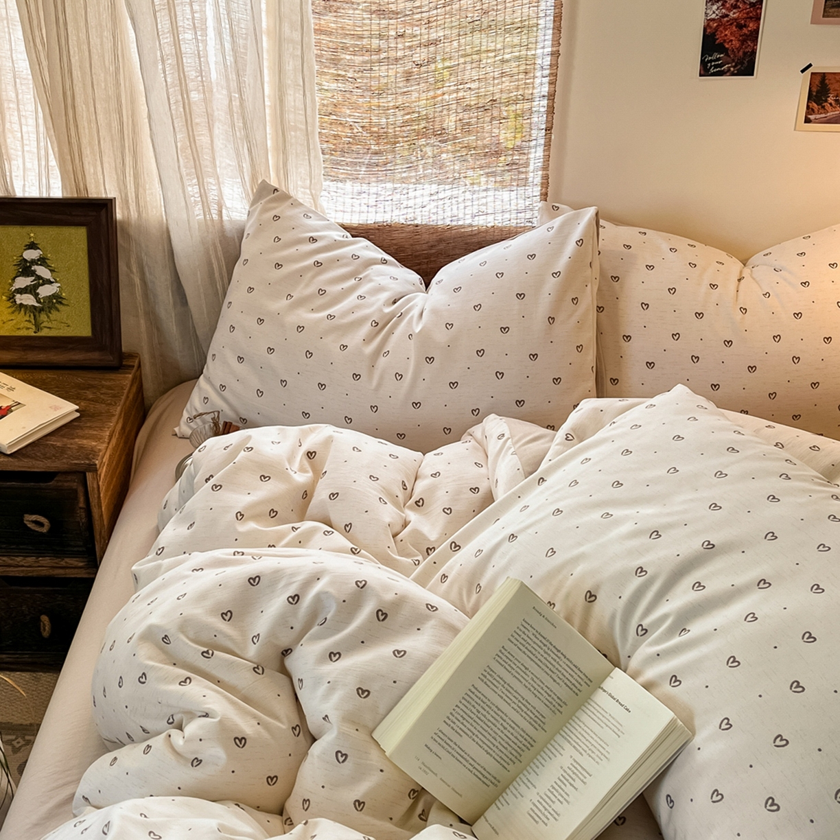 91家纺网 家纺一手货源 找家纺 金梦拉家纺 2026新款色织棉麻棉纱小露麻四件套 心心点点