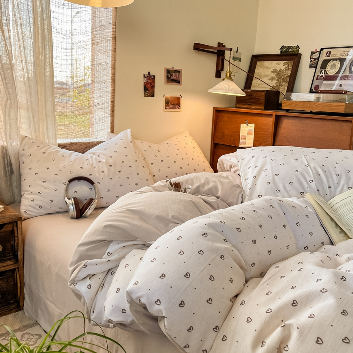 91家纺网 家纺一手货源 找家纺 金梦拉家纺 2026新款色织棉麻棉纱小露麻四件套 心心点点