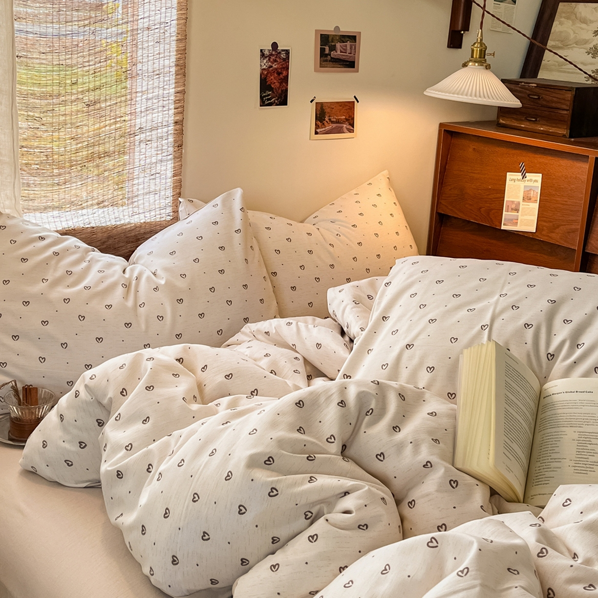 91家纺网 家纺一手货源 找家纺 金梦拉家纺 2026新款色织棉麻棉纱小露麻四件套 心心点点