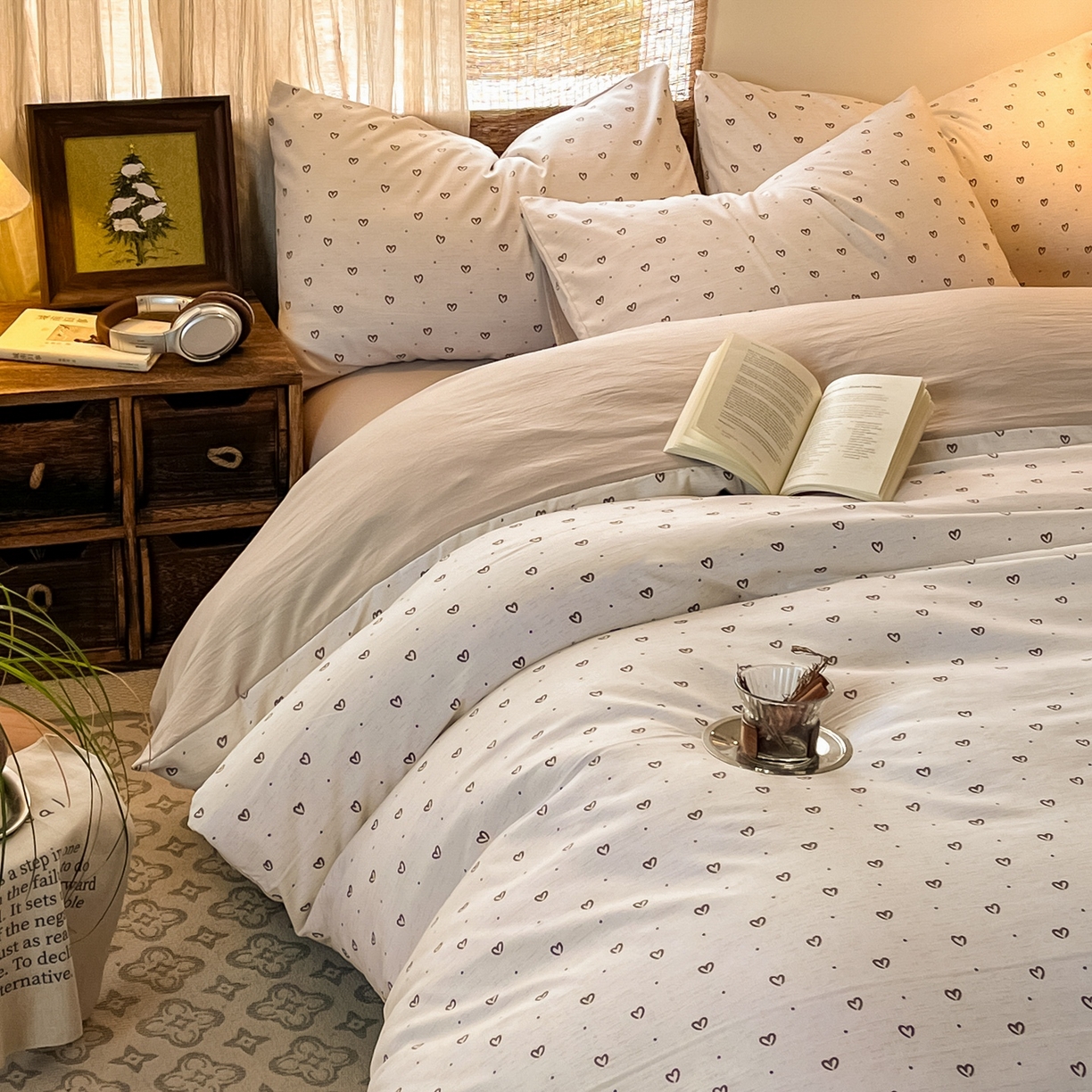 91家纺网 家纺一手货源 找家纺 金梦拉家纺 2026新款色织棉麻棉纱小露麻四件套 心心点点