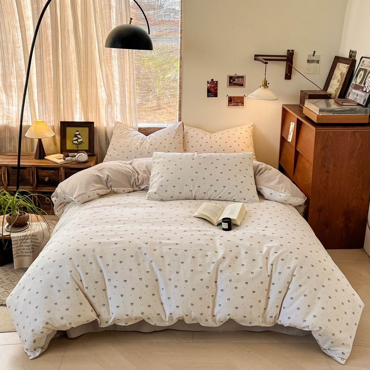 91家纺网 家纺一手货源 找家纺 金梦拉家纺 2026新款色织棉麻棉纱小露麻四件套 心心点点