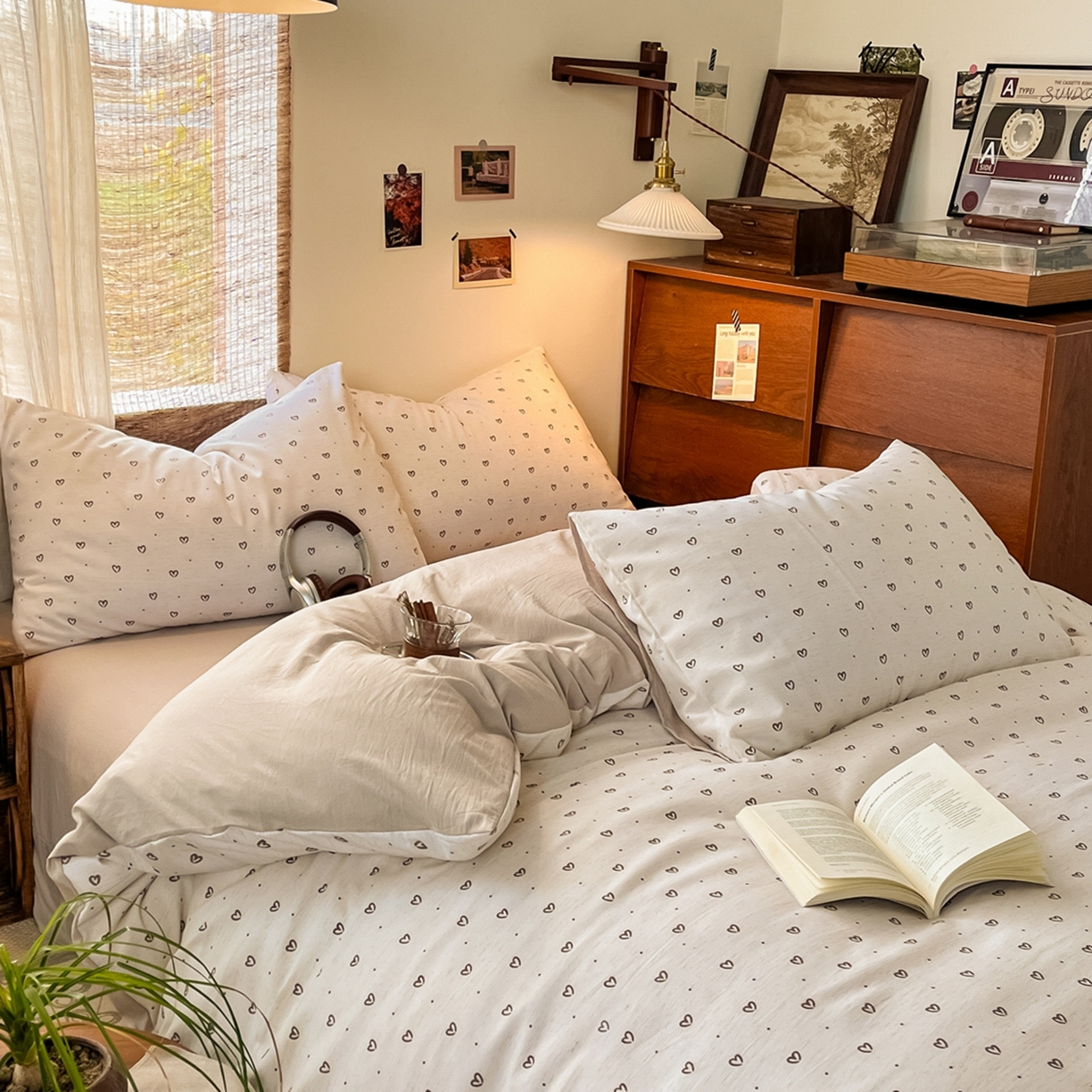 91家纺网 家纺一手货源 找家纺 金梦拉家纺 2026新款色织棉麻棉纱小露麻四件套 心心点点