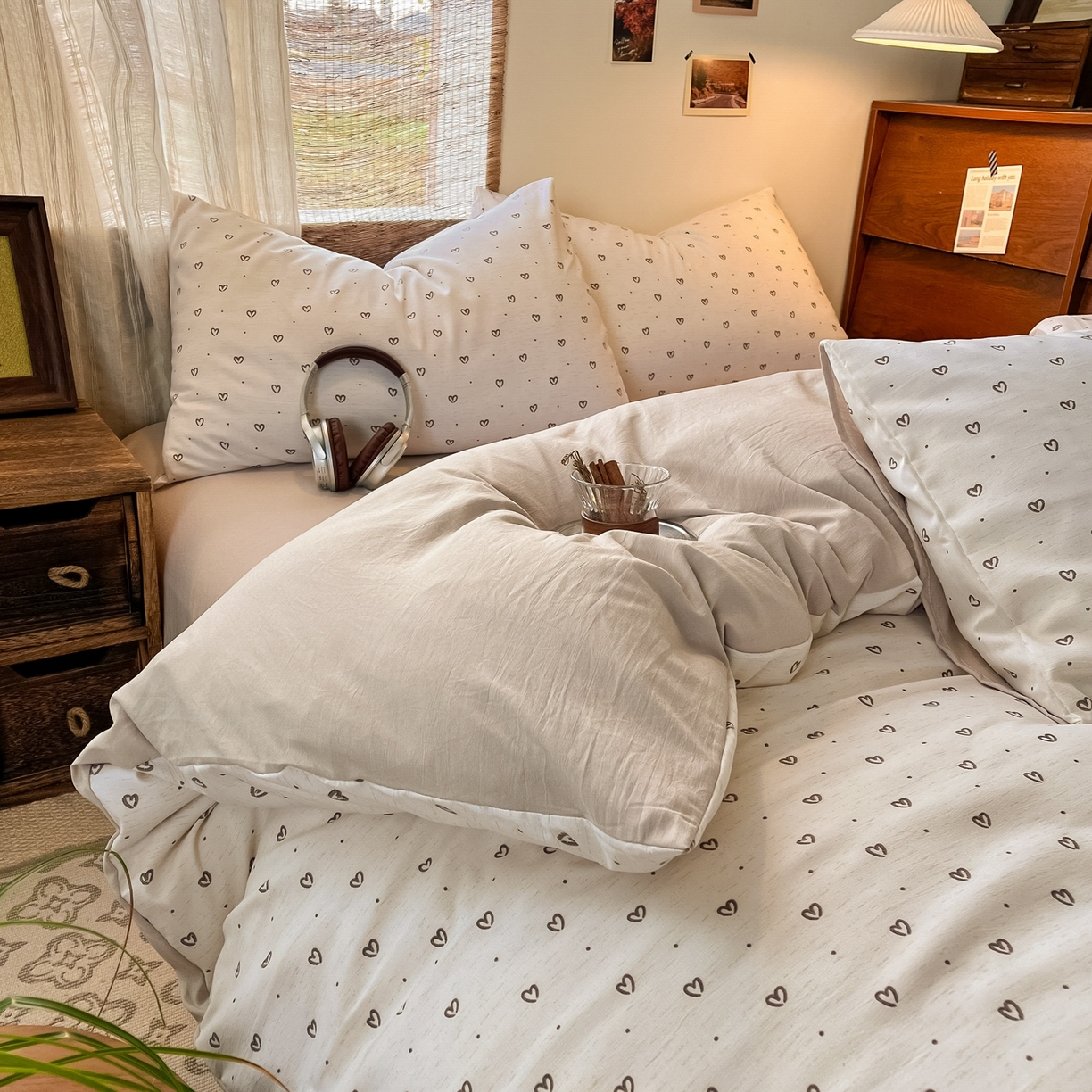 91家纺网 家纺一手货源 找家纺 金梦拉家纺 2026新款色织棉麻棉纱小露麻四件套 心心点点