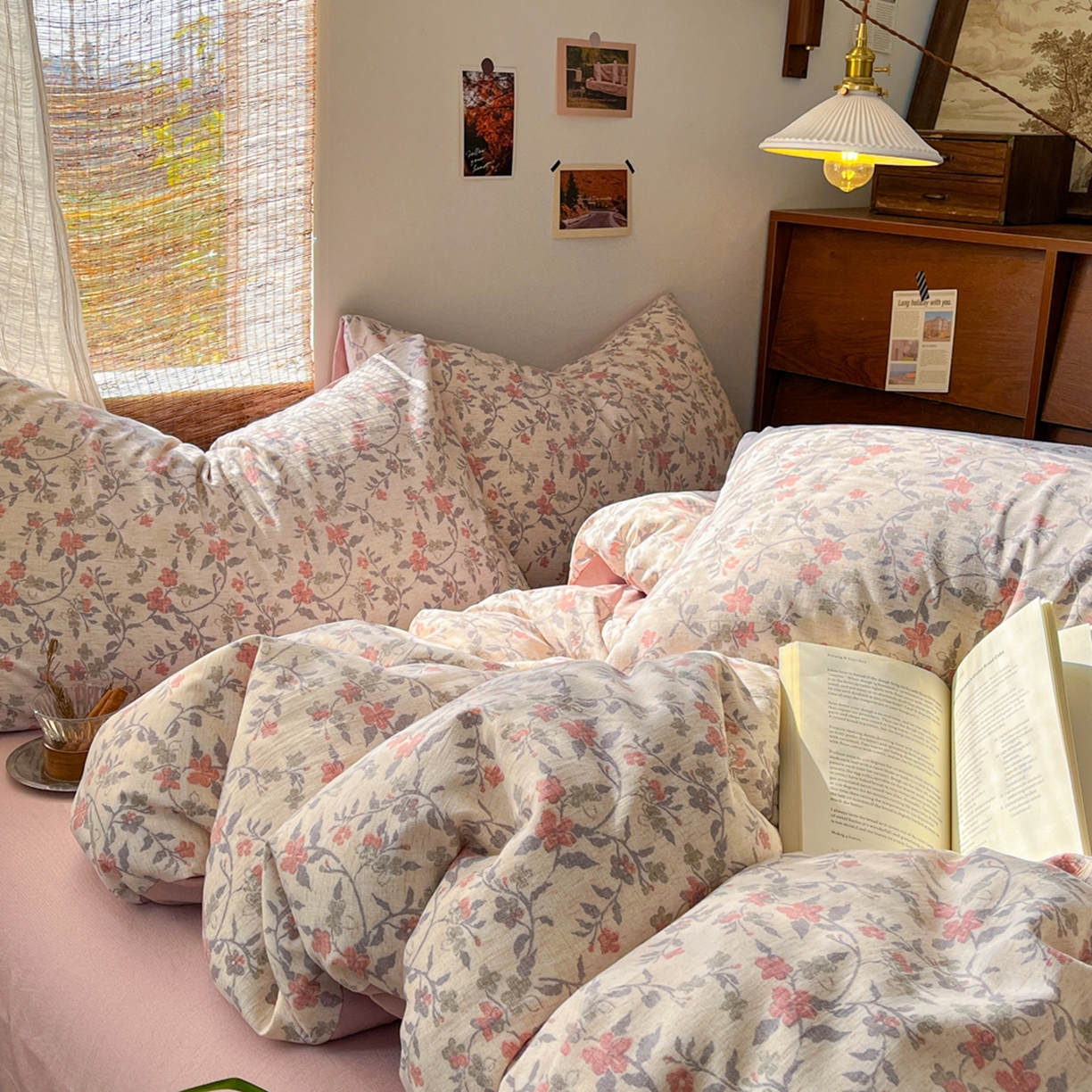 91家纺网 家纺一手货源 找家纺 金梦拉家纺 2026新款色织棉麻棉纱小露麻四件套 醉春烟