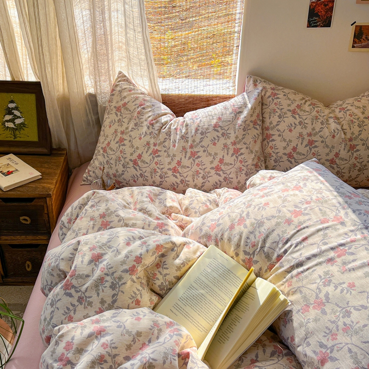 91家纺网 家纺一手货源 找家纺 金梦拉家纺 2026新款色织棉麻棉纱小露麻四件套 醉春烟