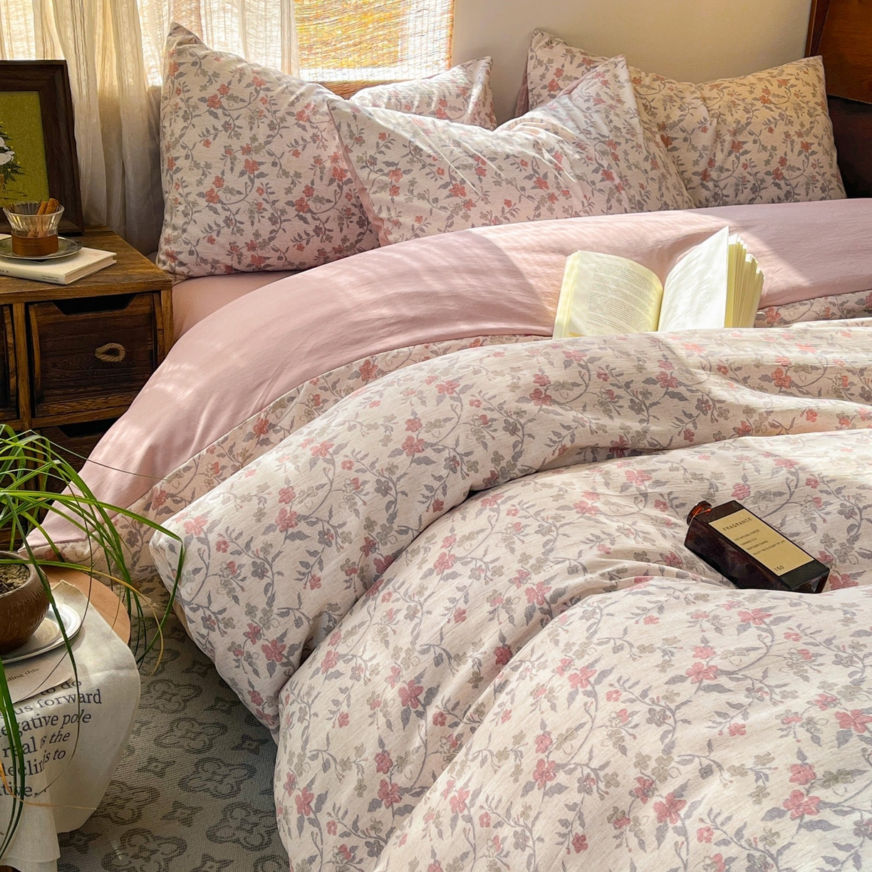 91家纺网 家纺一手货源 找家纺 金梦拉家纺 2026新款色织棉麻棉纱小露麻四件套 醉春烟