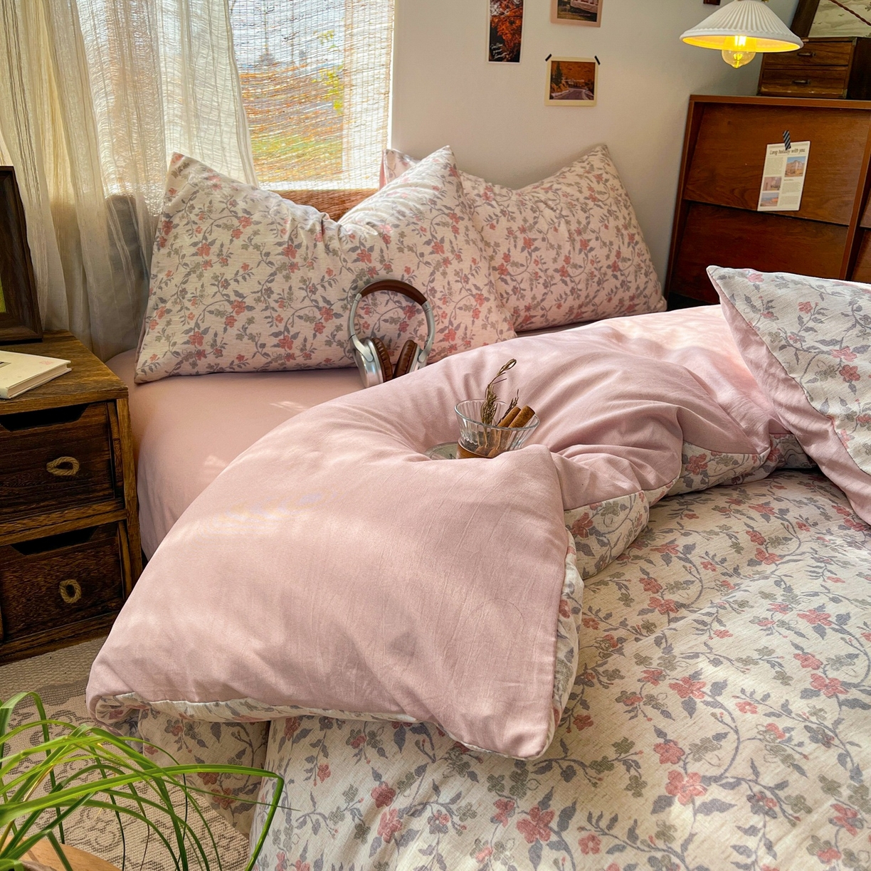 91家纺网 家纺一手货源 找家纺 金梦拉家纺 2026新款色织棉麻棉纱小露麻四件套 醉春烟