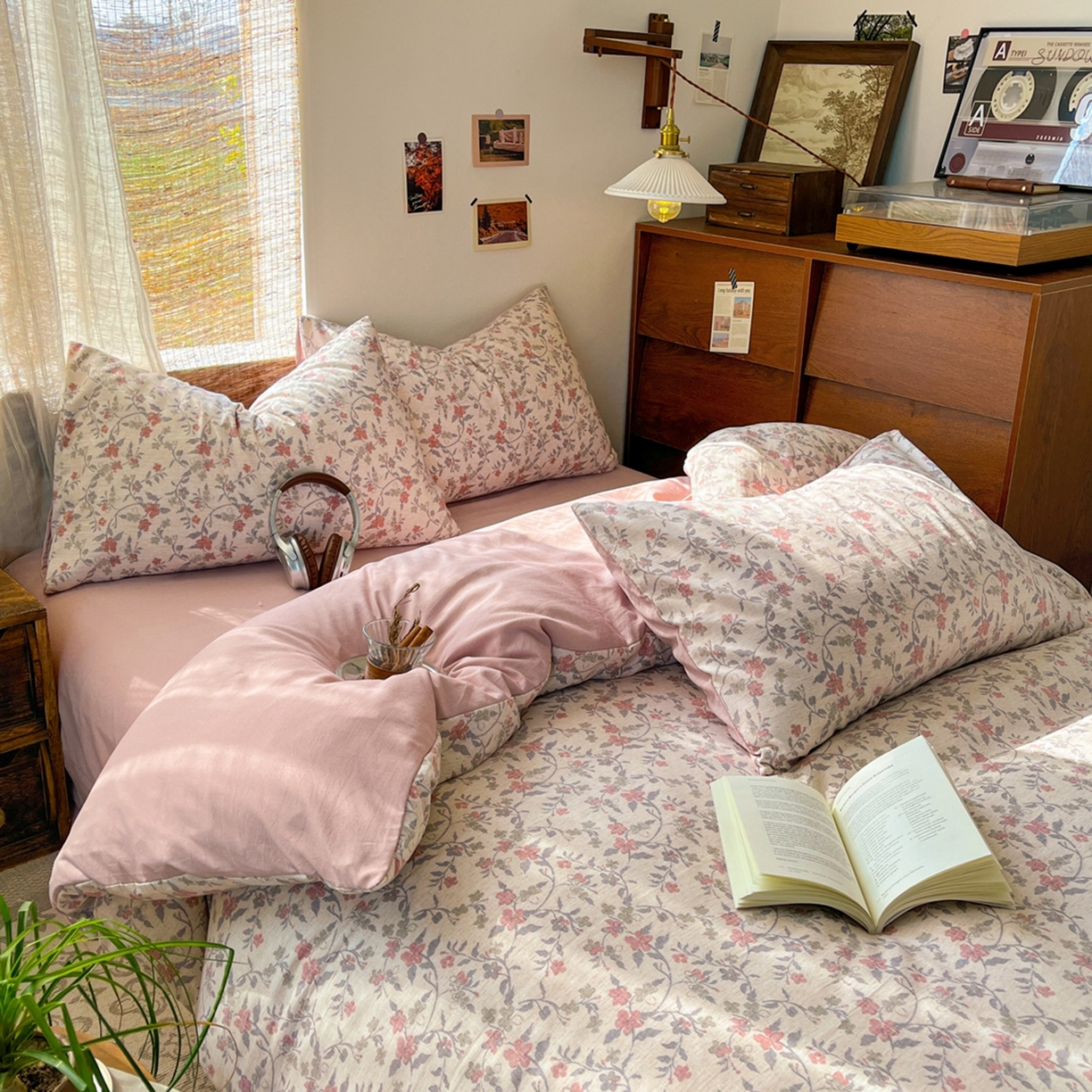 91家纺网 家纺一手货源 找家纺 金梦拉家纺 2026新款色织棉麻棉纱小露麻四件套 醉春烟