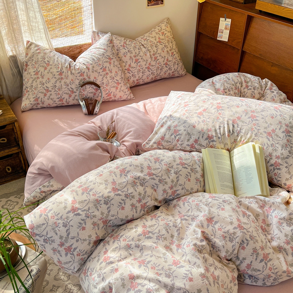 91家纺网 家纺一手货源 找家纺 金梦拉家纺 2026新款色织棉麻棉纱小露麻四件套 醉春烟