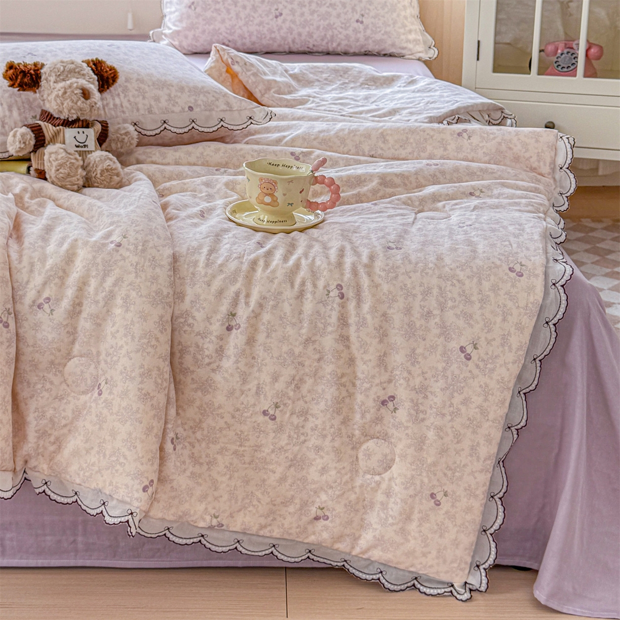 91家纺网 家纺一手货源 找家纺 被窝家纺 2026新款全棉纯棉有氧双层纱多功能夏被夏凉被空调被四件套 车厘子