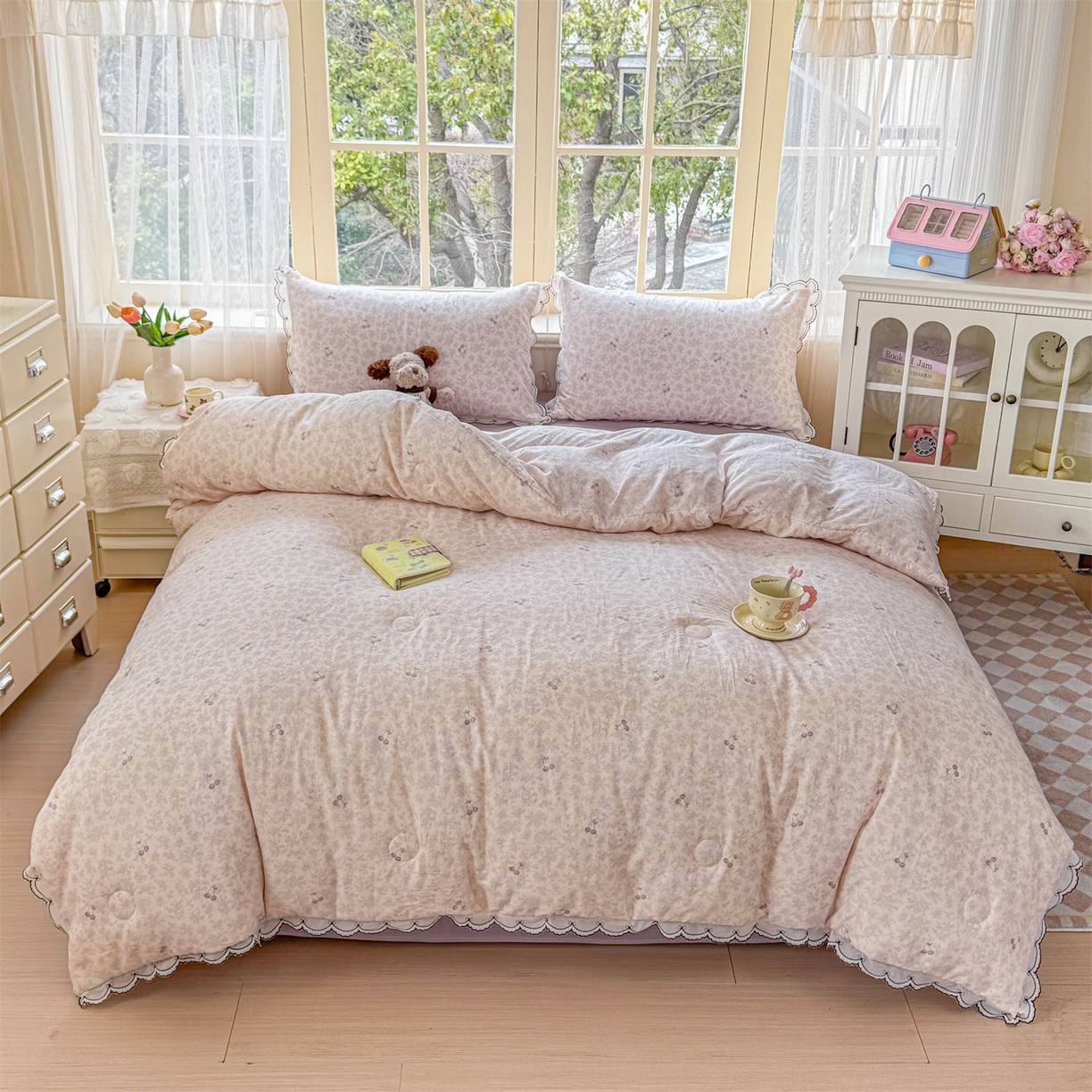 91家纺网 家纺一手货源 找家纺 被窝家纺 2026新款全棉纯棉有氧双层纱多功能夏被夏凉被空调被四件套 车厘子