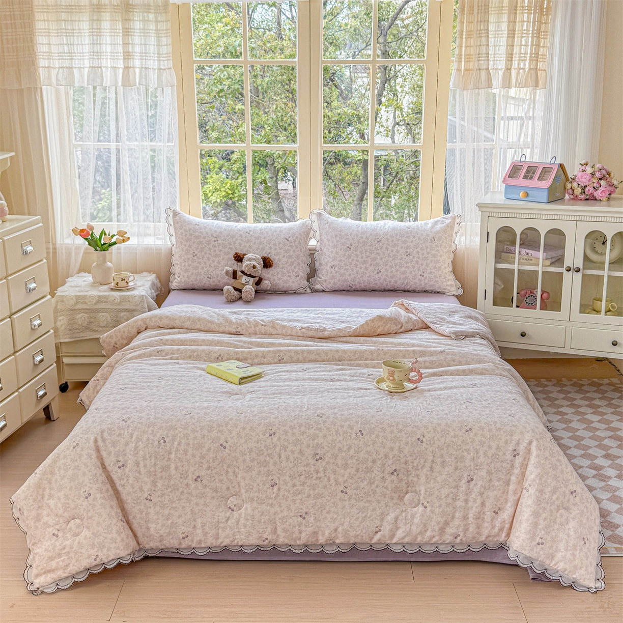 91家纺网 家纺一手货源 找家纺 被窝家纺 2026新款全棉纯棉有氧双层纱多功能夏被夏凉被空调被四件套 车厘子