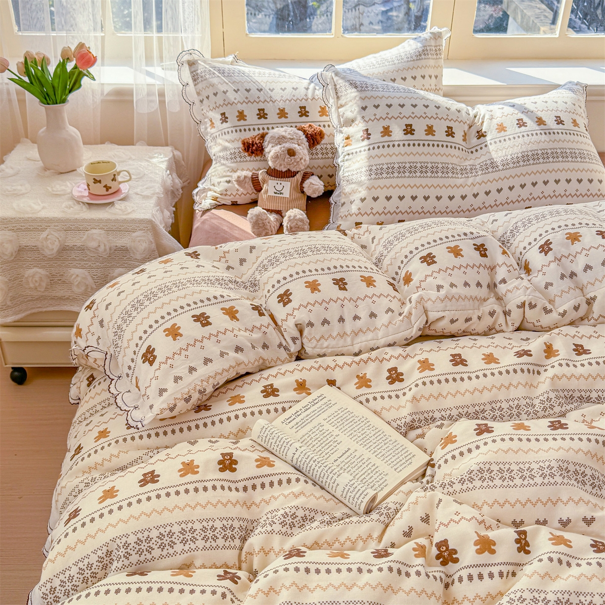 91家纺网 家纺一手货源 找家纺 被窝家纺 2026新款全棉纯棉有氧双层纱多功能夏被夏凉被空调被四件套 费尔岛小熊