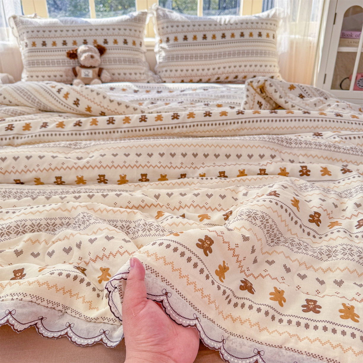91家纺网 家纺一手货源 找家纺 被窝家纺 2026新款全棉纯棉有氧双层纱多功能夏被夏凉被空调被四件套 费尔岛小熊