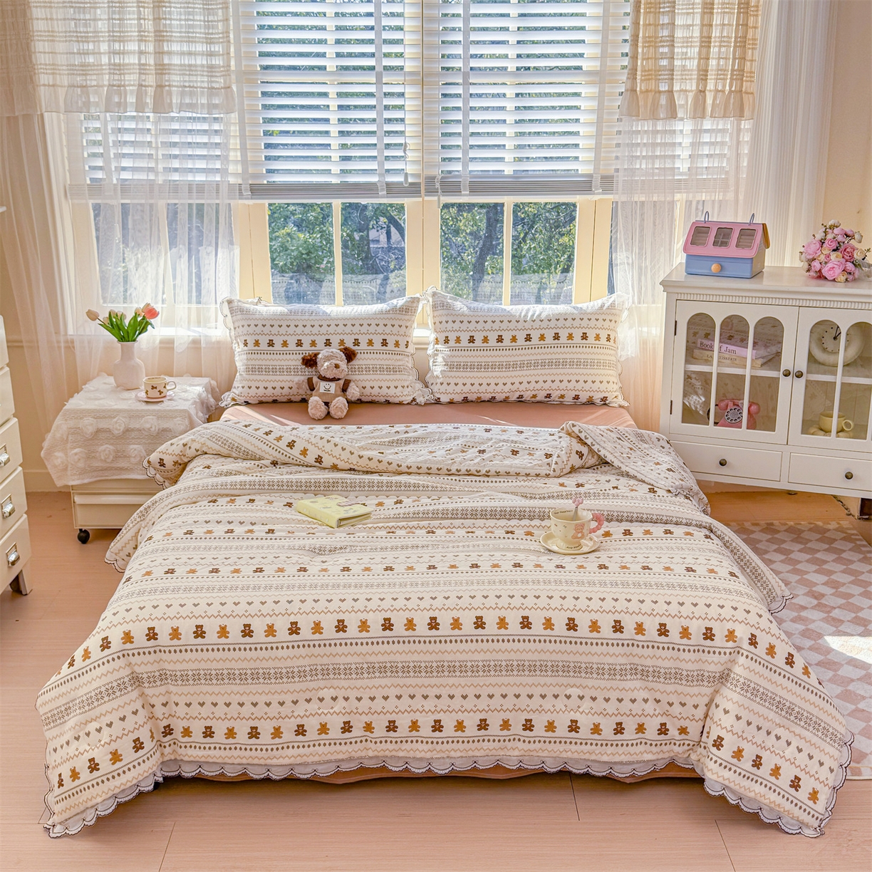 91家纺网 家纺一手货源 找家纺 被窝家纺 2026新款全棉纯棉有氧双层纱多功能夏被夏凉被空调被四件套 费尔岛小熊