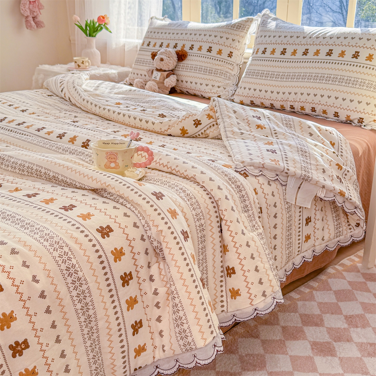 91家纺网 家纺一手货源 找家纺 被窝家纺 2026新款全棉纯棉有氧双层纱多功能夏被夏凉被空调被四件套 费尔岛小熊