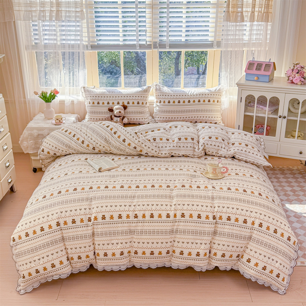 91家纺网 家纺一手货源 找家纺 被窝家纺 2026新款全棉纯棉有氧双层纱多功能夏被夏凉被空调被四件套 费尔岛小熊