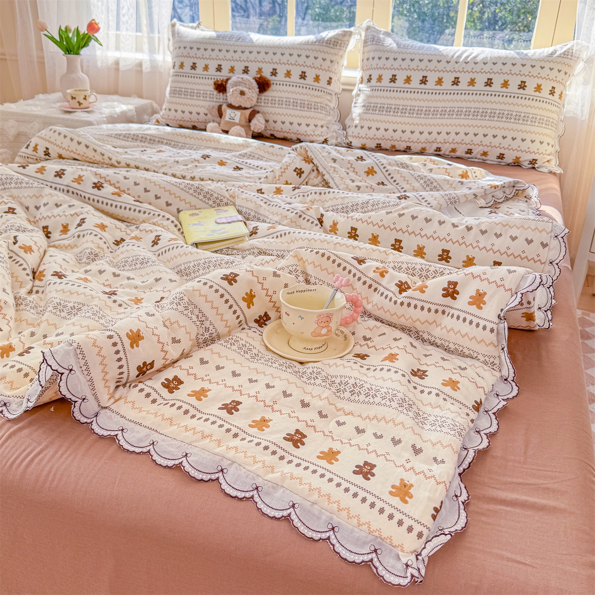 91家纺网 家纺一手货源 找家纺 被窝家纺 2026新款全棉纯棉有氧双层纱多功能夏被夏凉被空调被四件套 费尔岛小熊