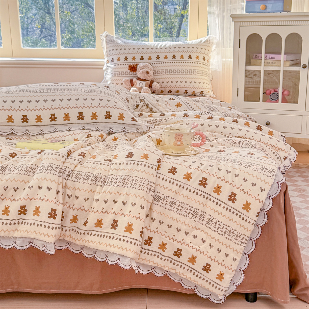 91家纺网 家纺一手货源 找家纺 被窝家纺 2026新款全棉纯棉有氧双层纱多功能夏被夏凉被空调被四件套 费尔岛小熊