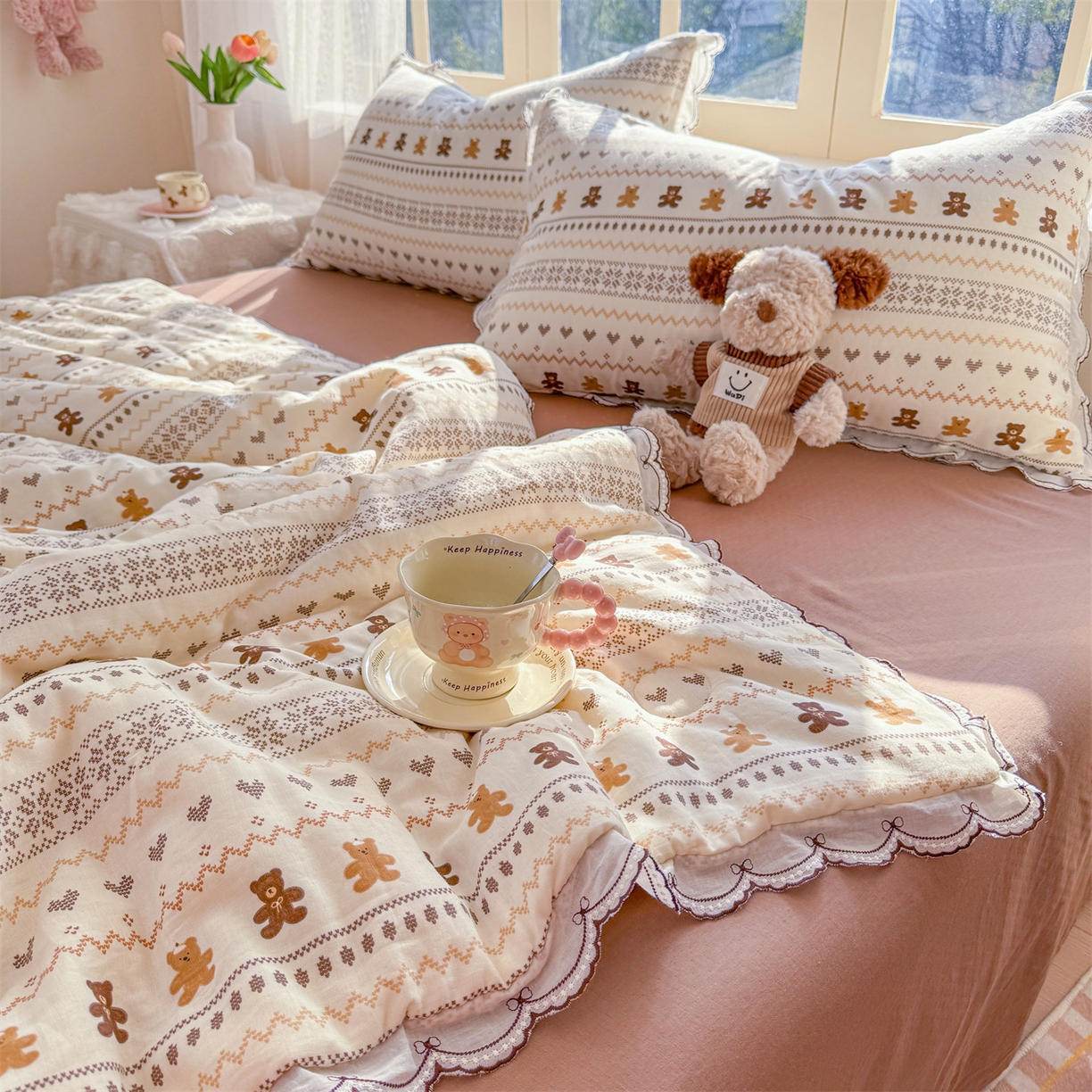 91家纺网 家纺一手货源 找家纺 被窝家纺 2026新款全棉纯棉有氧双层纱多功能夏被夏凉被空调被四件套 费尔岛小熊