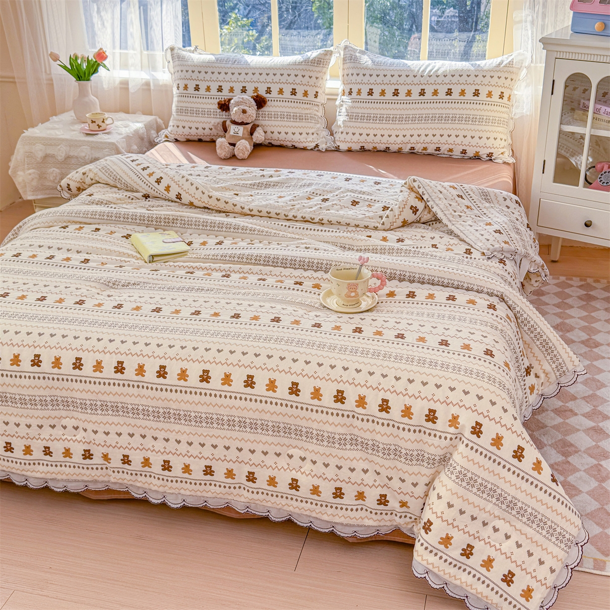 91家纺网 家纺一手货源 找家纺 被窝家纺 2026新款全棉纯棉有氧双层纱多功能夏被夏凉被空调被四件套 费尔岛小熊