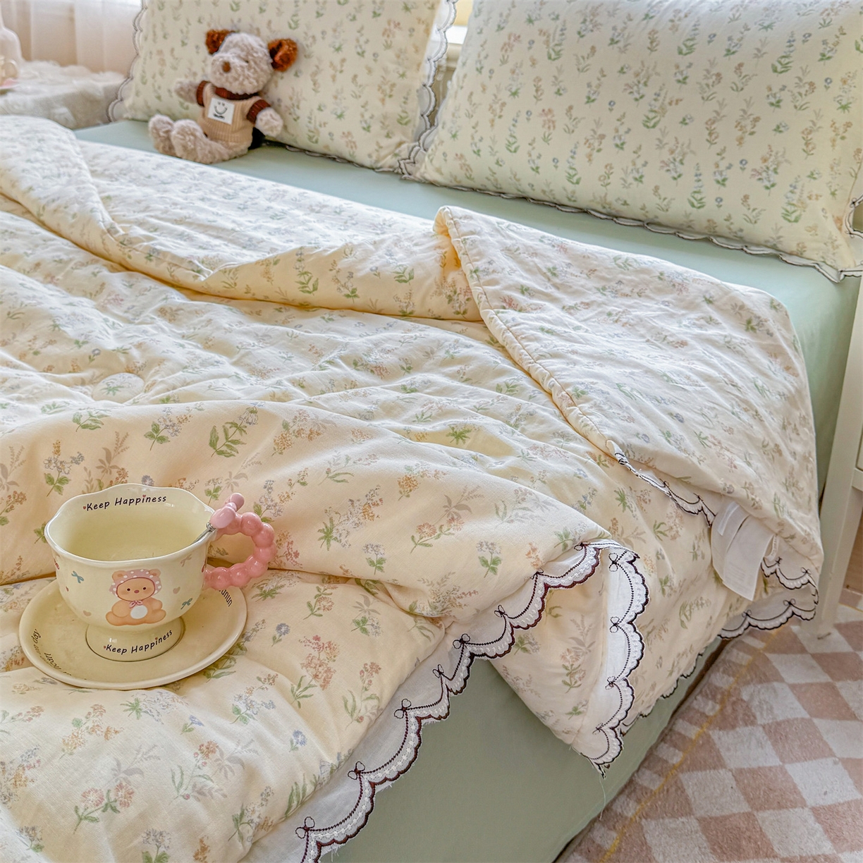 91家纺网 家纺一手货源 找家纺 被窝家纺 2026新款全棉纯棉有氧双层纱多功能夏被夏凉被空调被四件套 蓝风铃