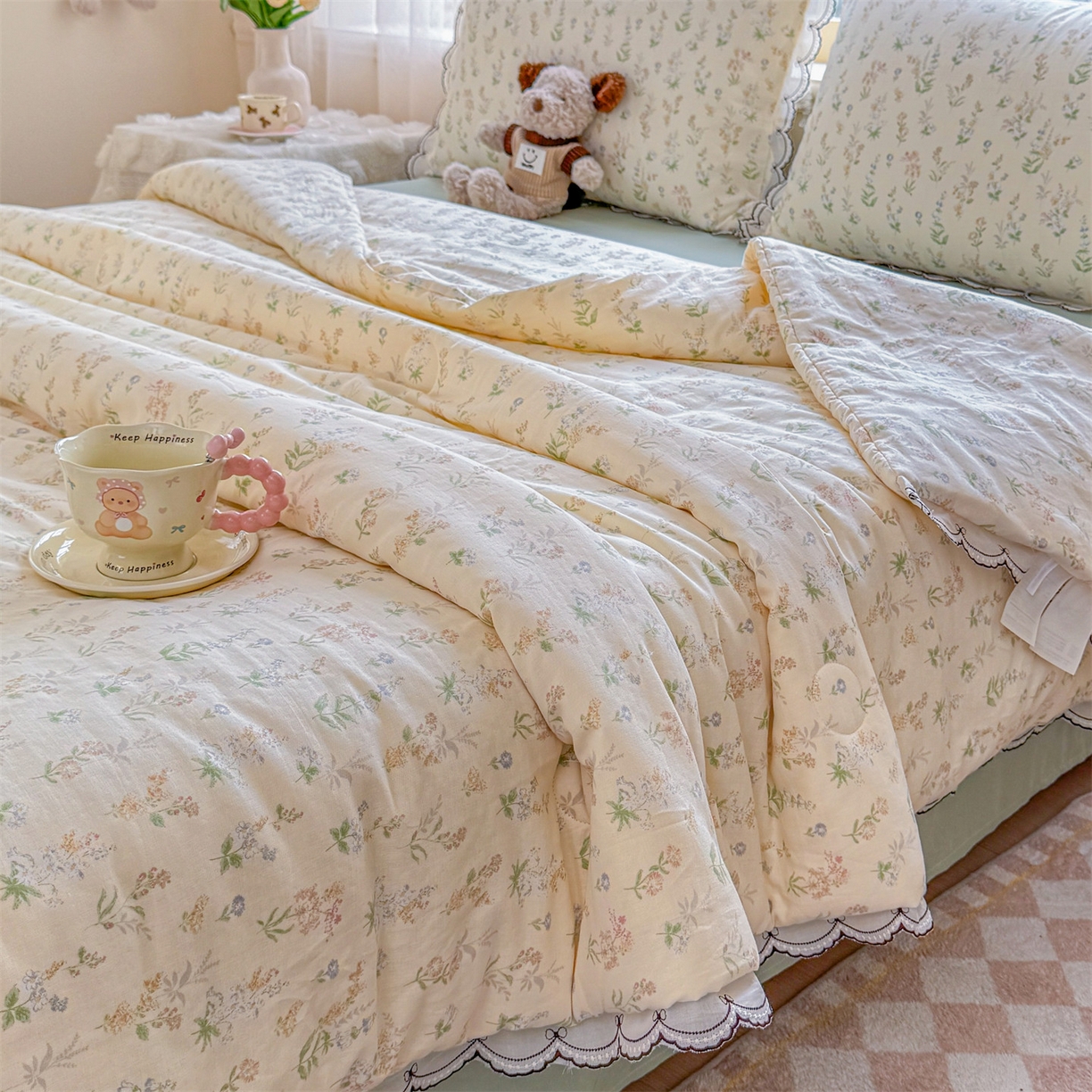 91家纺网 家纺一手货源 找家纺 被窝家纺 2026新款全棉纯棉有氧双层纱多功能夏被夏凉被空调被四件套 蓝风铃