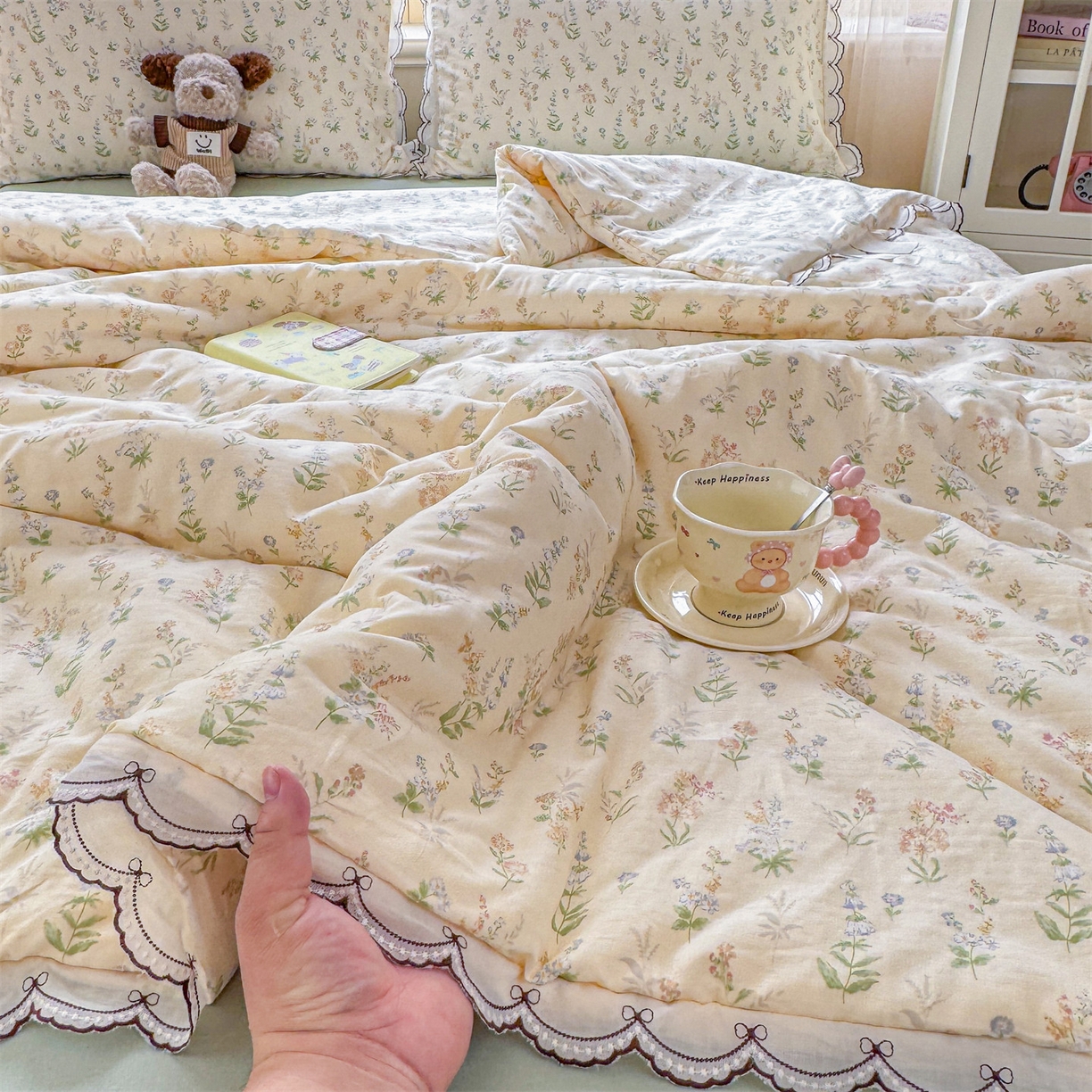 91家纺网 家纺一手货源 找家纺 被窝家纺 2026新款全棉纯棉有氧双层纱多功能夏被夏凉被空调被四件套 蓝风铃