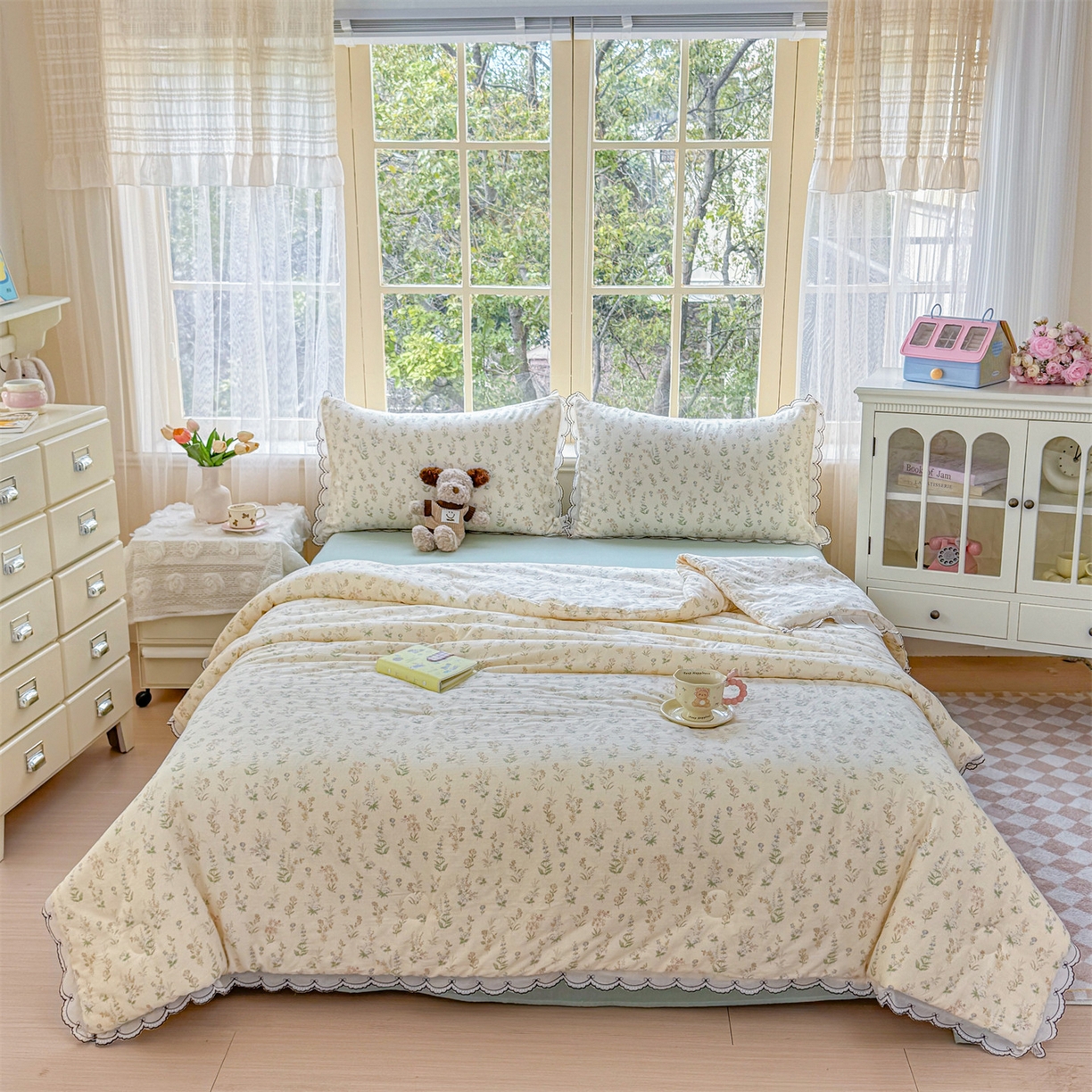 91家纺网 家纺一手货源 找家纺 被窝家纺 2026新款全棉纯棉有氧双层纱多功能夏被夏凉被空调被四件套 蓝风铃