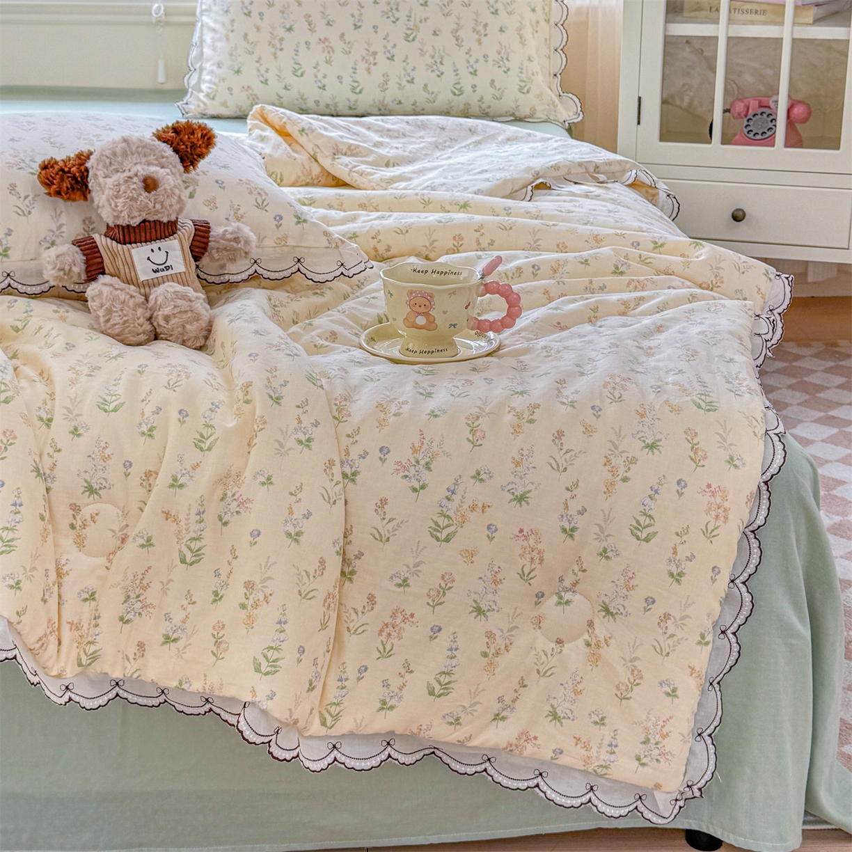 91家纺网 家纺一手货源 找家纺 被窝家纺 2026新款全棉纯棉有氧双层纱多功能夏被夏凉被空调被四件套 蓝风铃