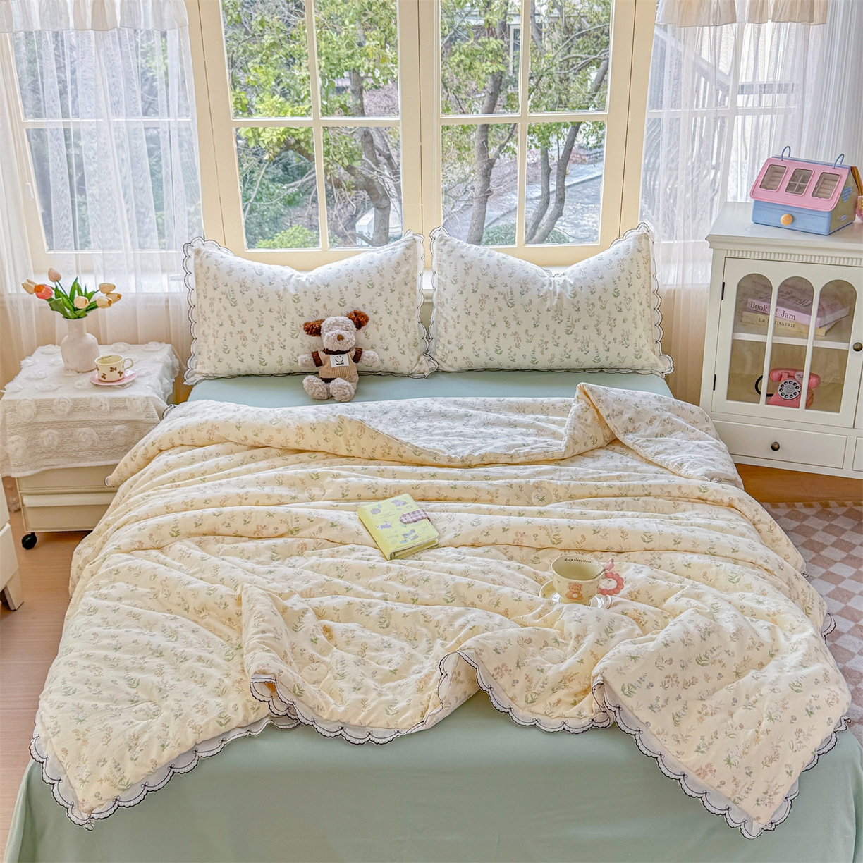 91家纺网 家纺一手货源 找家纺 被窝家纺 2026新款全棉纯棉有氧双层纱多功能夏被夏凉被空调被四件套 蓝风铃