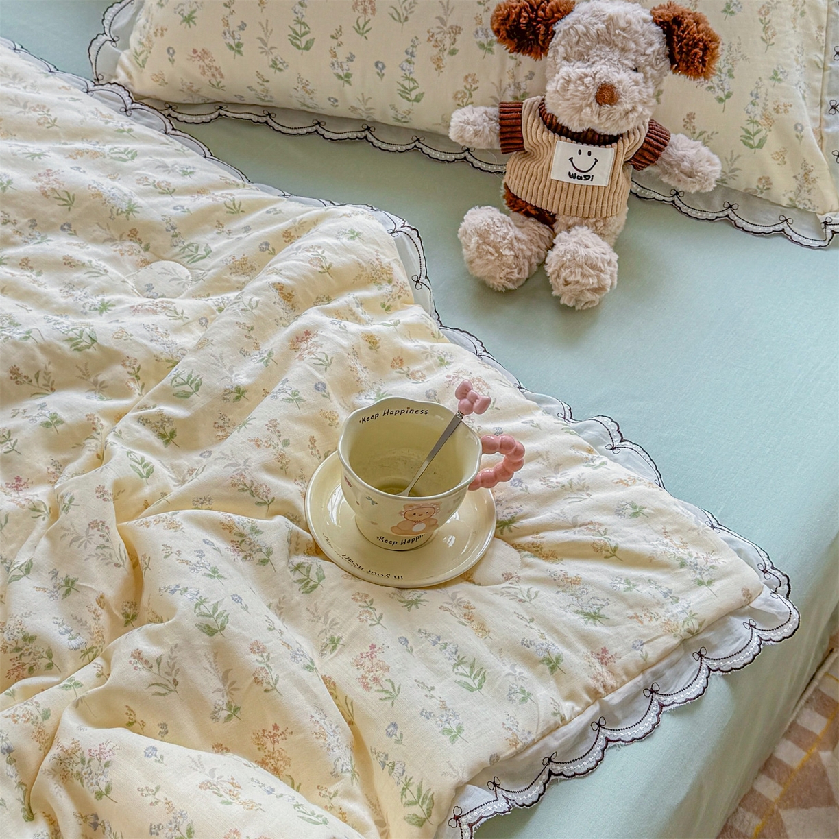 91家纺网 家纺一手货源 找家纺 被窝家纺 2026新款全棉纯棉有氧双层纱多功能夏被夏凉被空调被四件套 蓝风铃