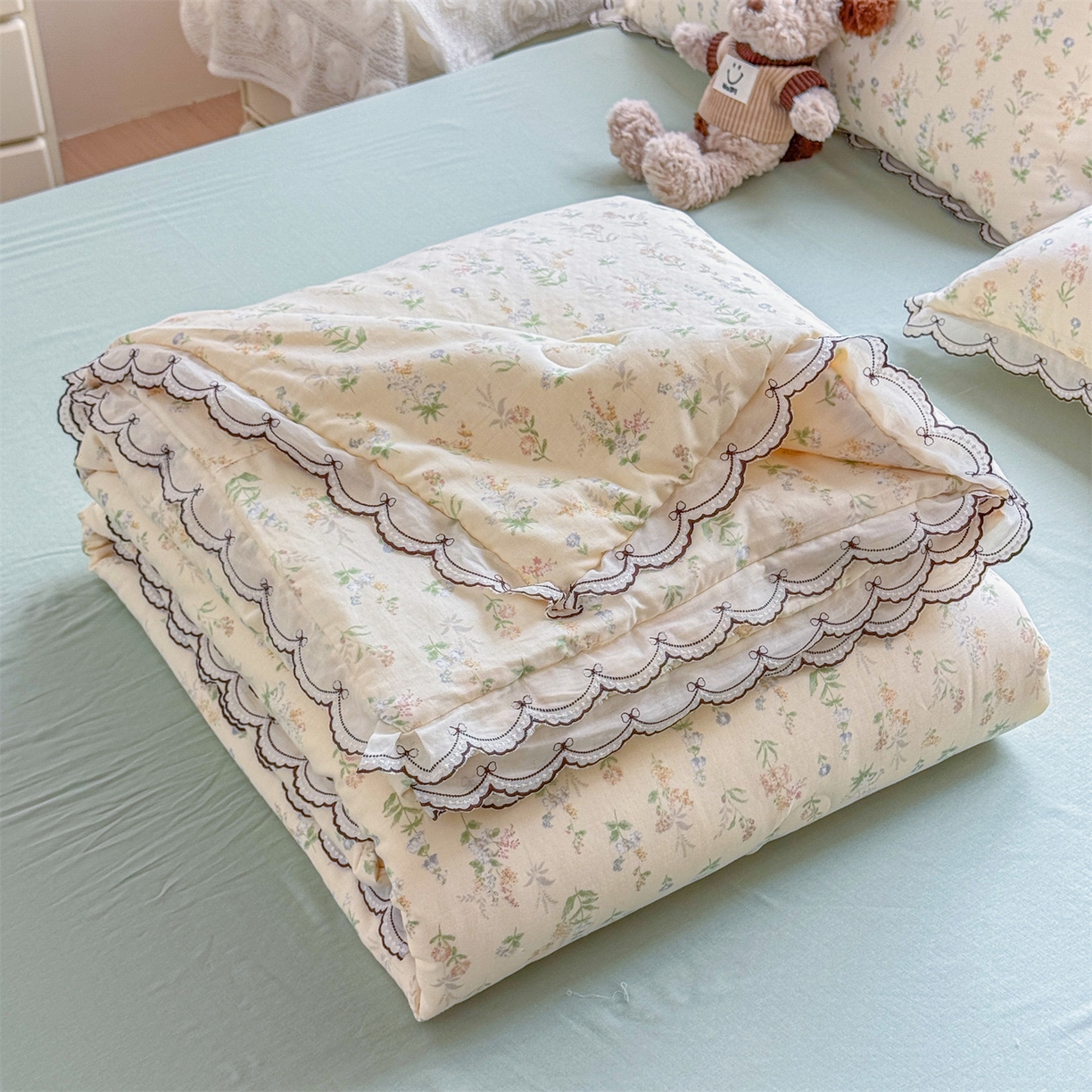 91家纺网 家纺一手货源 找家纺 被窝家纺 2026新款全棉纯棉有氧双层纱多功能夏被夏凉被空调被四件套 蓝风铃