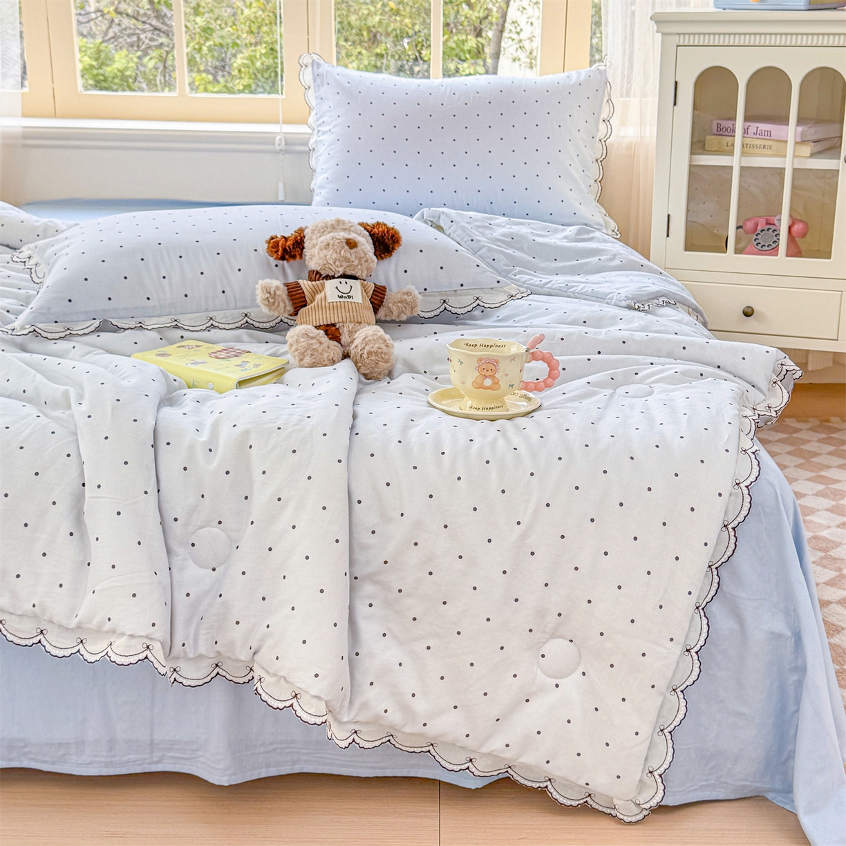 91家纺网 家纺一手货源 找家纺 被窝家纺 2026新款全棉纯棉有氧双层纱多功能夏被夏凉被空调被四件套 蓝色泡泡