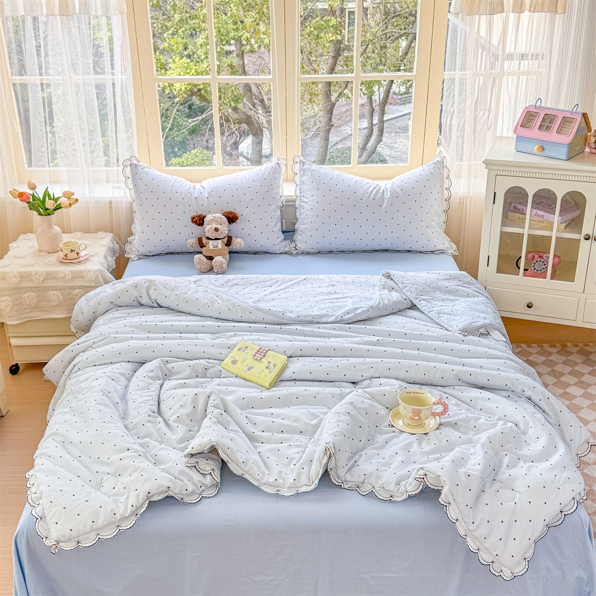 91家纺网 家纺一手货源 找家纺 被窝家纺 2026新款全棉纯棉有氧双层纱多功能夏被夏凉被空调被四件套 蓝色泡泡