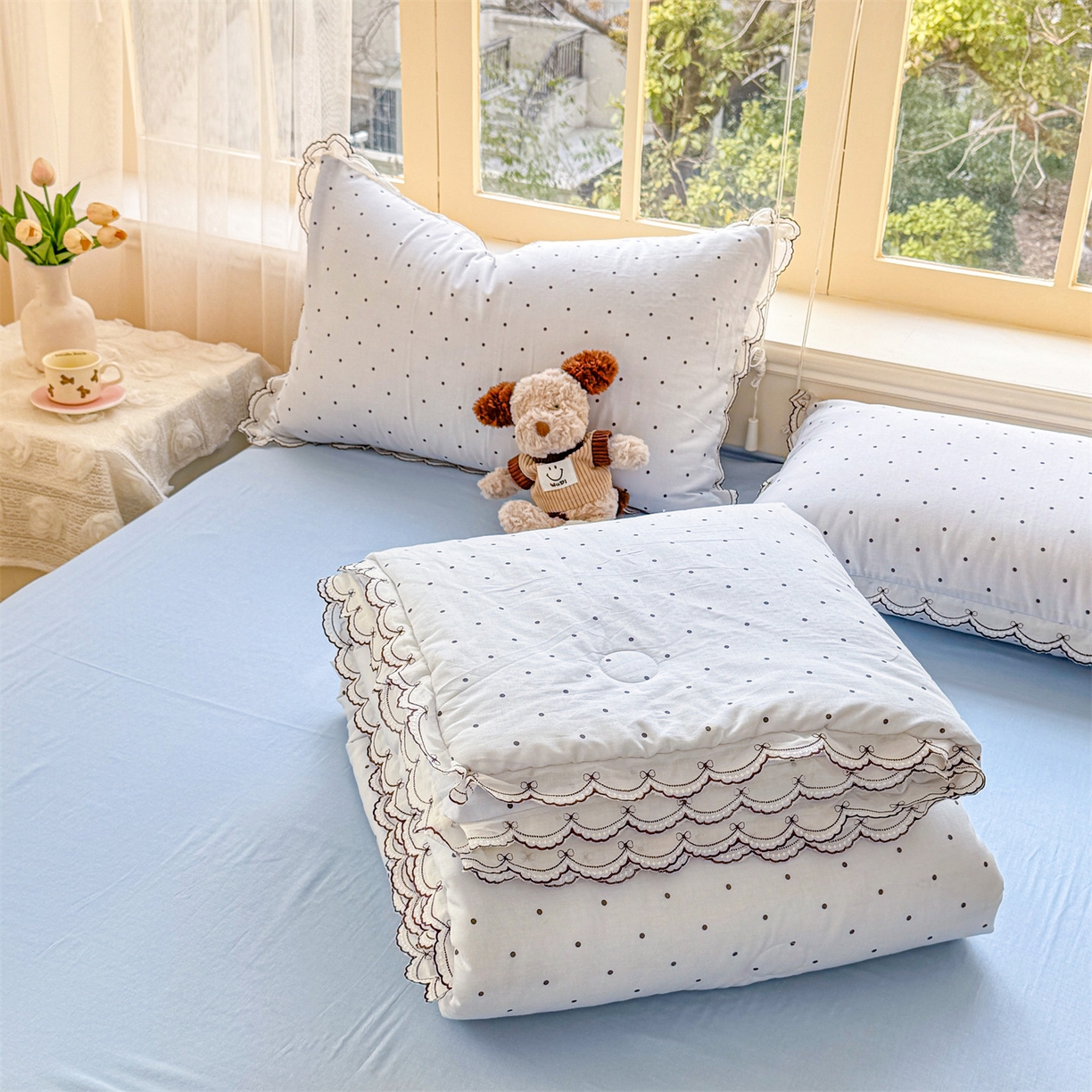91家纺网 家纺一手货源 找家纺 被窝家纺 2026新款全棉纯棉有氧双层纱多功能夏被夏凉被空调被四件套 蓝色泡泡