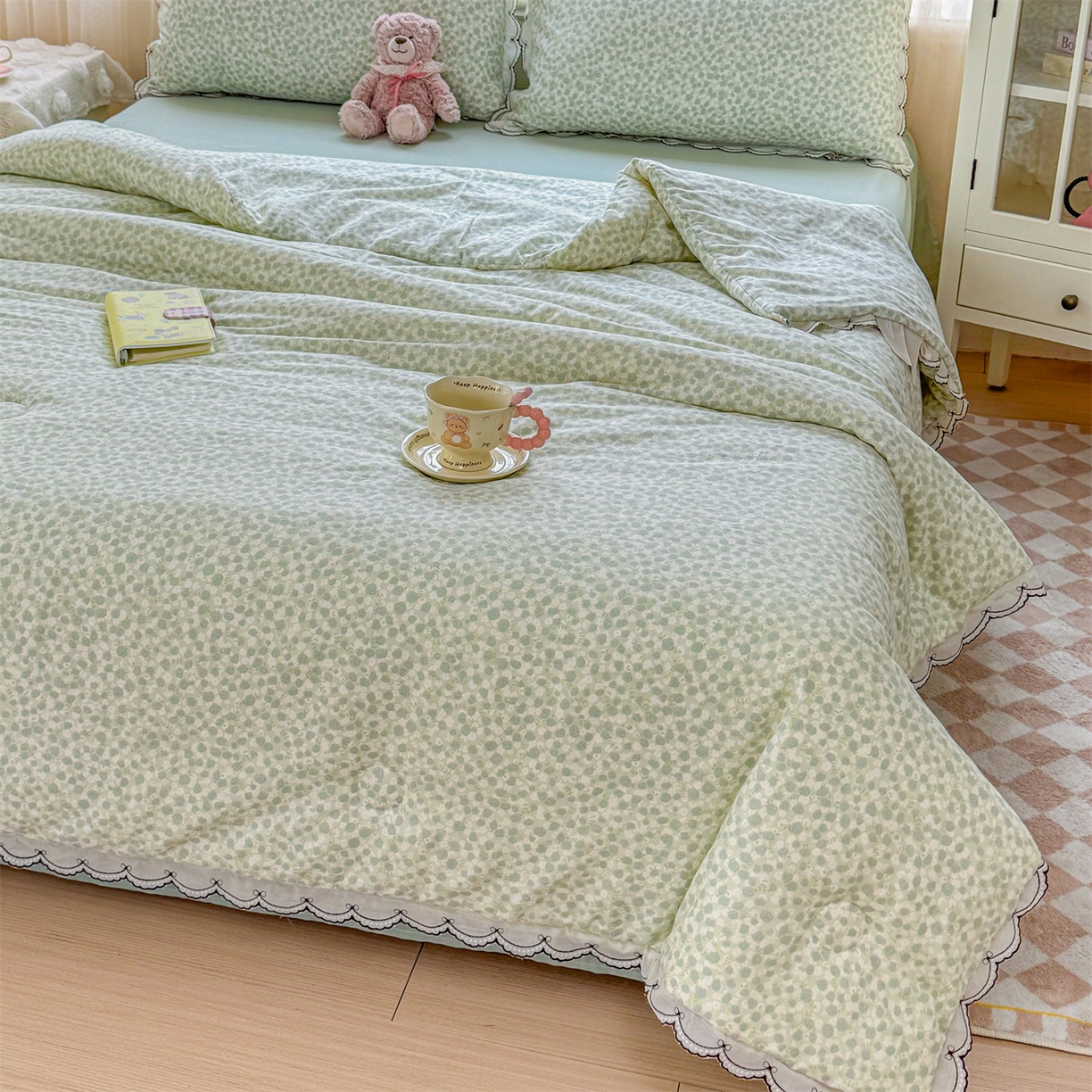 91家纺网 家纺一手货源 找家纺 被窝家纺 2026新款全棉纯棉有氧双层纱多功能夏被夏凉被空调被四件套 绿玫瑰