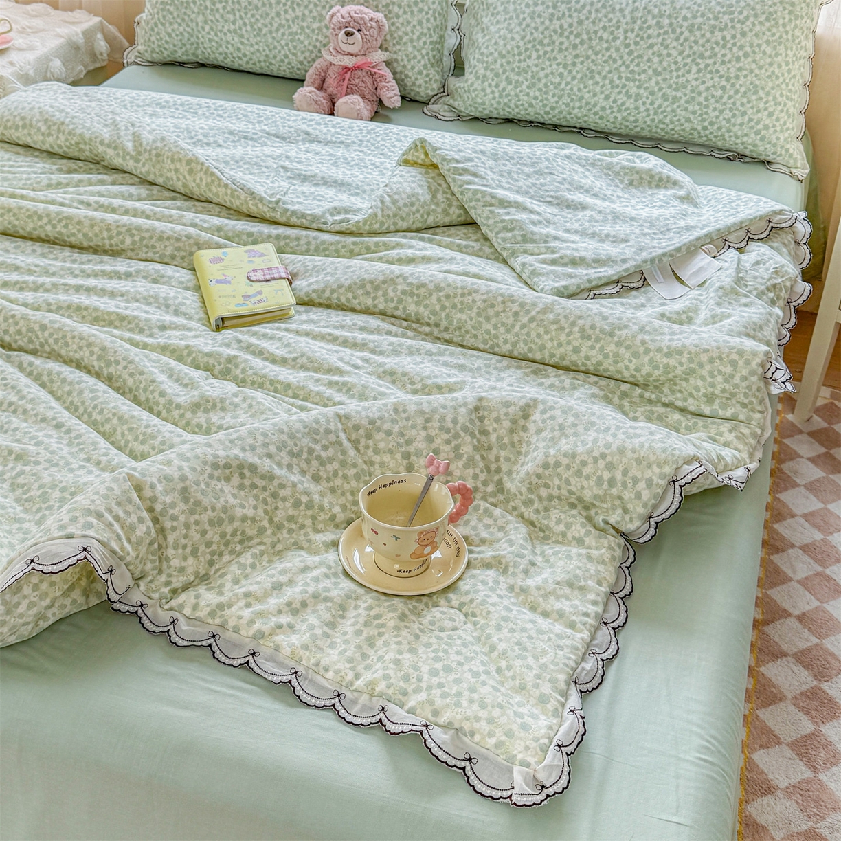 91家纺网 家纺一手货源 找家纺 被窝家纺 2026新款全棉纯棉有氧双层纱多功能夏被夏凉被空调被四件套 绿玫瑰