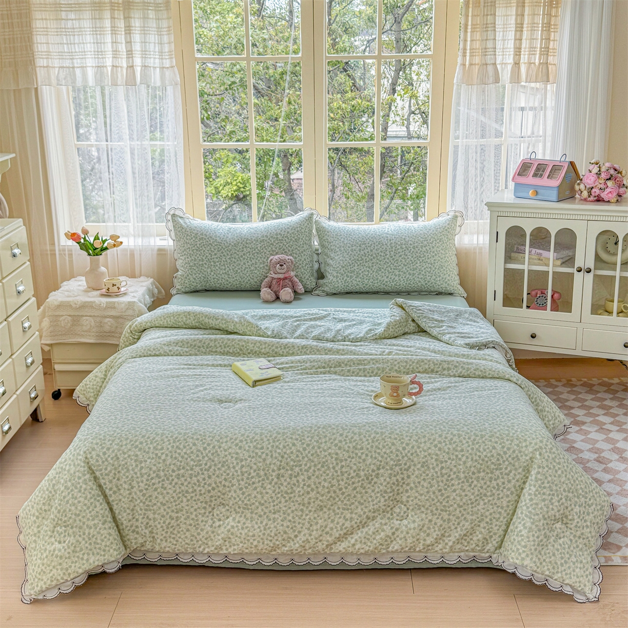 91家纺网 家纺一手货源 找家纺 被窝家纺 2026新款全棉纯棉有氧双层纱多功能夏被夏凉被空调被四件套 绿玫瑰