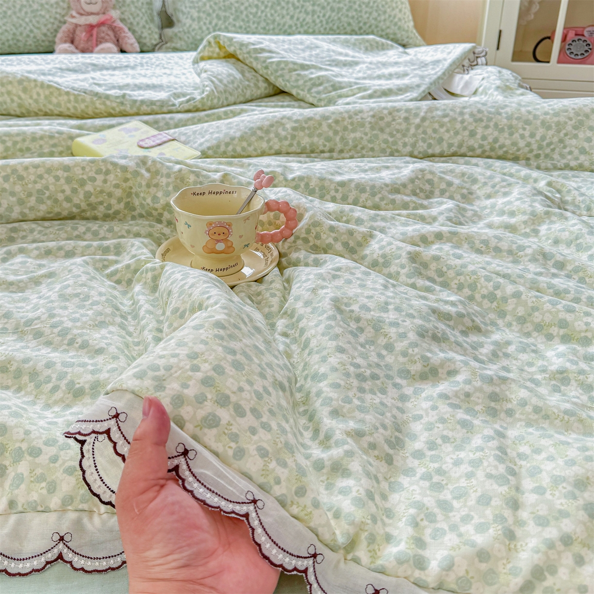 91家纺网 家纺一手货源 找家纺 被窝家纺 2026新款全棉纯棉有氧双层纱多功能夏被夏凉被空调被四件套 绿玫瑰