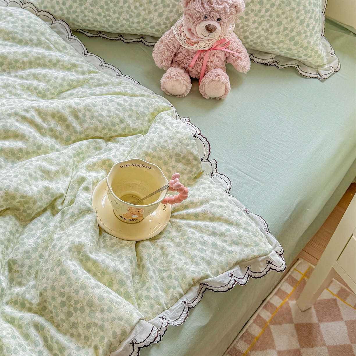 91家纺网 家纺一手货源 找家纺 被窝家纺 2026新款全棉纯棉有氧双层纱多功能夏被夏凉被空调被四件套 绿玫瑰