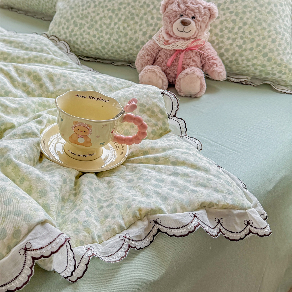 91家纺网 家纺一手货源 找家纺 被窝家纺 2026新款全棉纯棉有氧双层纱多功能夏被夏凉被空调被四件套 绿玫瑰