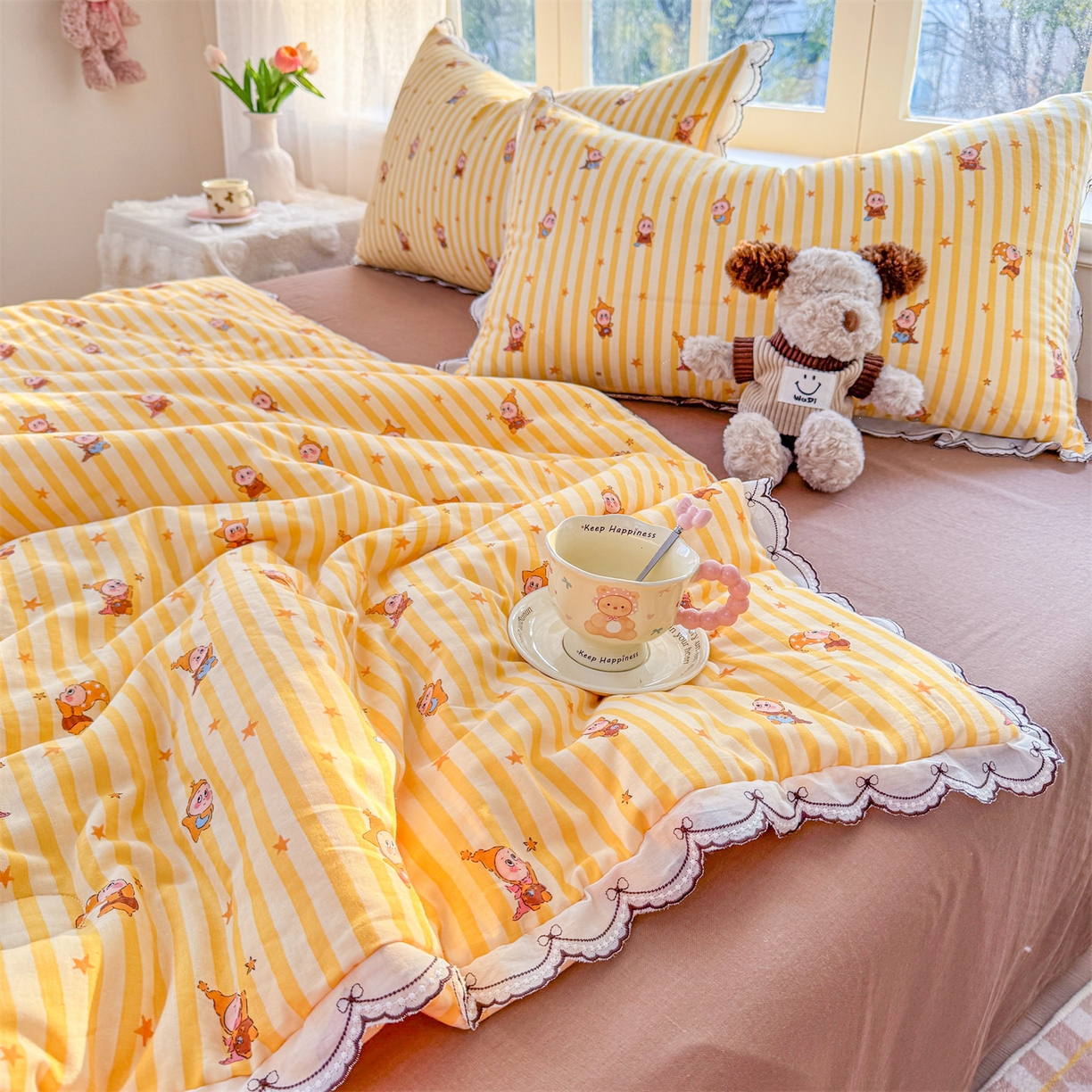 91家纺网 家纺一手货源 找家纺 被窝家纺 2026新款全棉纯棉有氧双层纱多功能夏被夏凉被空调被四件套 萌星