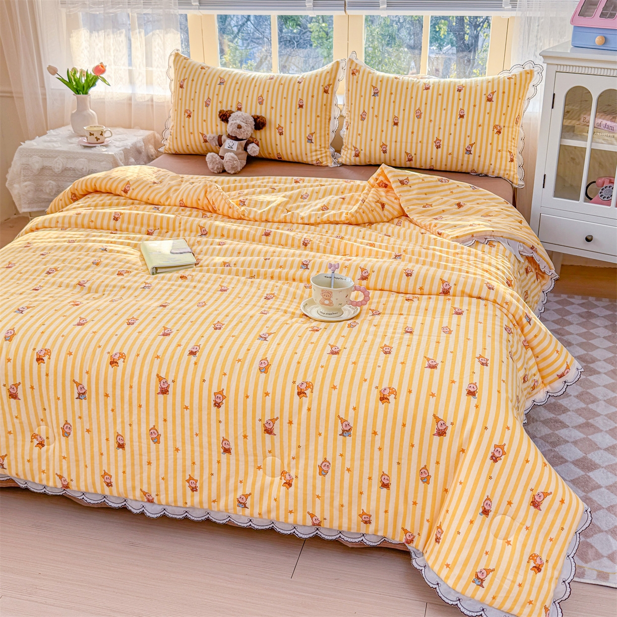 91家纺网 家纺一手货源 找家纺 被窝家纺 2026新款全棉纯棉有氧双层纱多功能夏被夏凉被空调被四件套 萌星