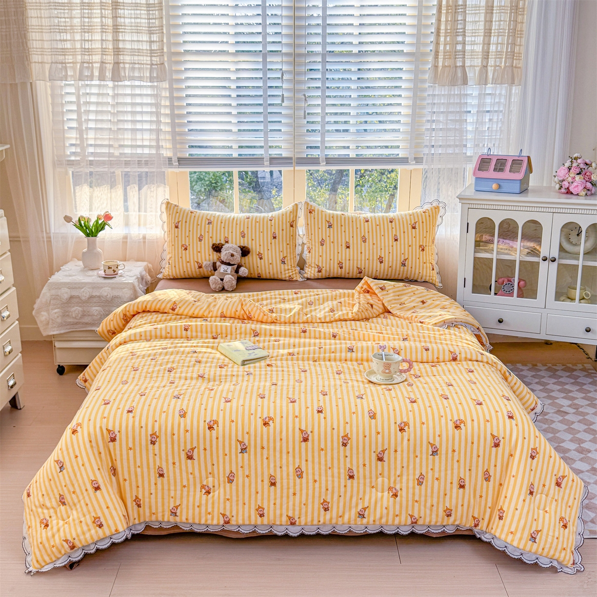 91家纺网 家纺一手货源 找家纺 被窝家纺 2026新款全棉纯棉有氧双层纱多功能夏被夏凉被空调被四件套 萌星