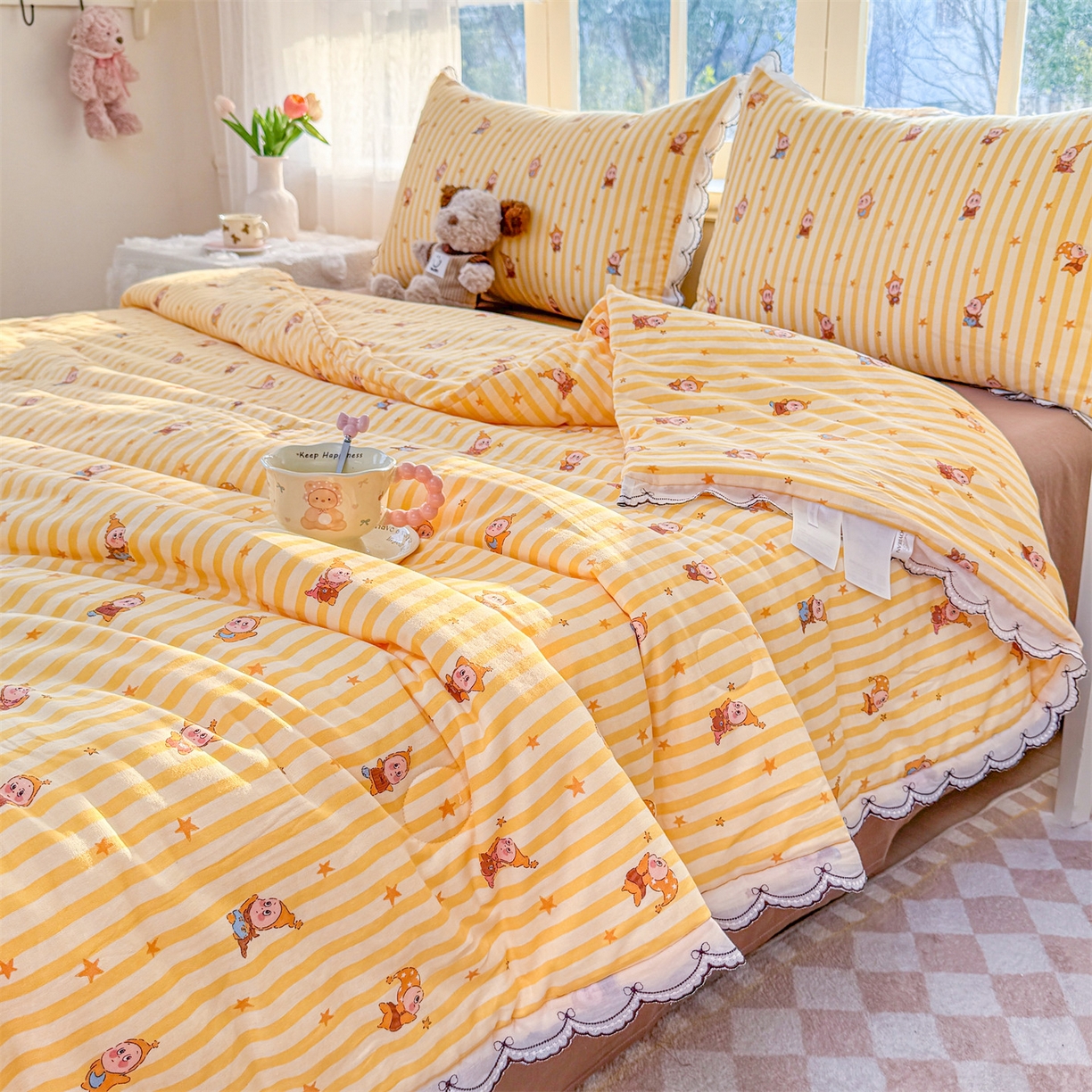 91家纺网 家纺一手货源 找家纺 被窝家纺 2026新款全棉纯棉有氧双层纱多功能夏被夏凉被空调被四件套 萌星