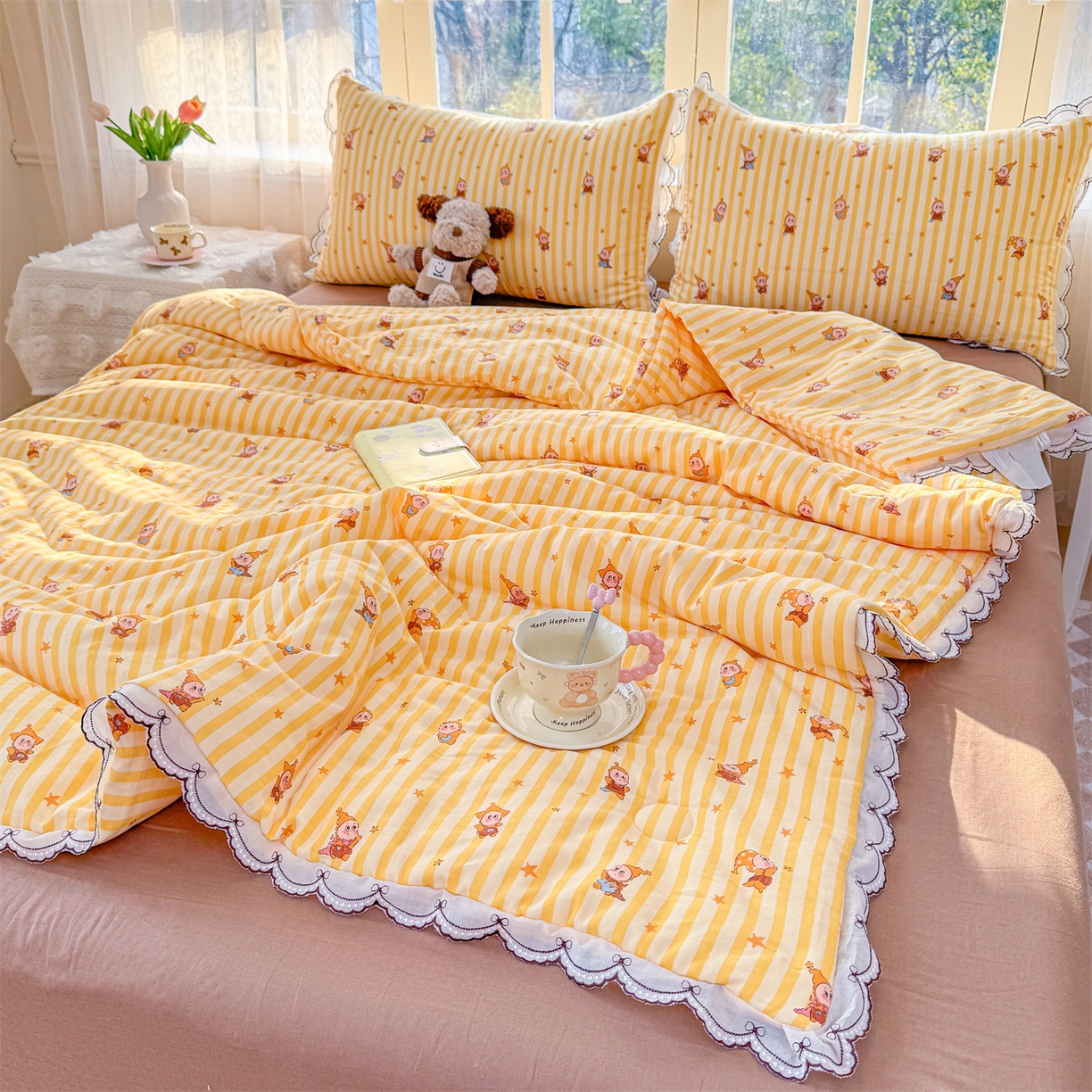 91家纺网 家纺一手货源 找家纺 被窝家纺 2026新款全棉纯棉有氧双层纱多功能夏被夏凉被空调被四件套 萌星