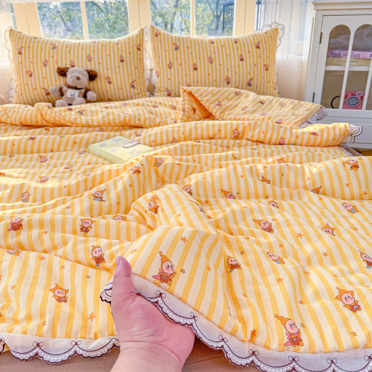 91家纺网 家纺一手货源 找家纺 被窝家纺 2026新款全棉纯棉有氧双层纱多功能夏被夏凉被空调被四件套 萌星