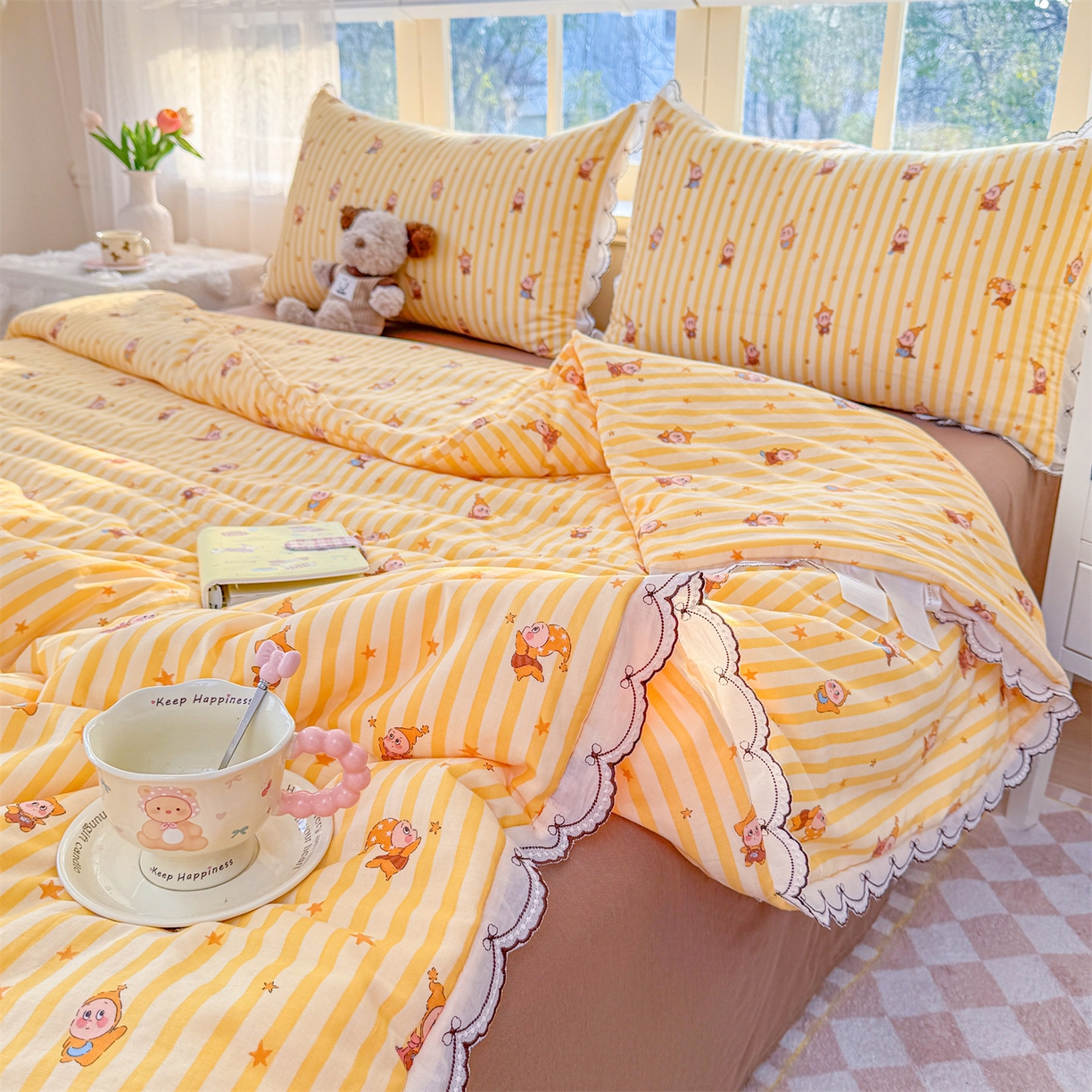 91家纺网 家纺一手货源 找家纺 被窝家纺 2026新款全棉纯棉有氧双层纱多功能夏被夏凉被空调被四件套 萌星